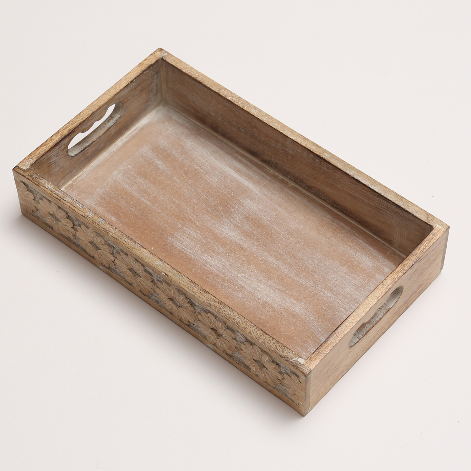 Tablett - Dekotablett - Blumenbordüre - Mangoholz - L: 34,7cm - B: 8cm - weiß gebleicht