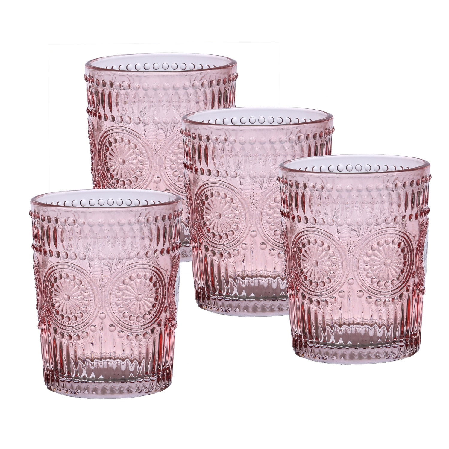Trinkgläser Vintage - Glas - lebensmittelecht - 280ml - H: 10cm - mit Muster - rosa - 4er Set