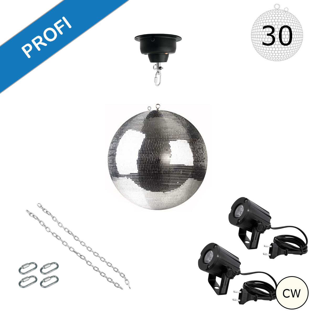 Spiegelkugel Komplettset - Discokugel, Motor, Pinspot, Montagematerial für Diskokugel - Mirrorball Set - Partyset