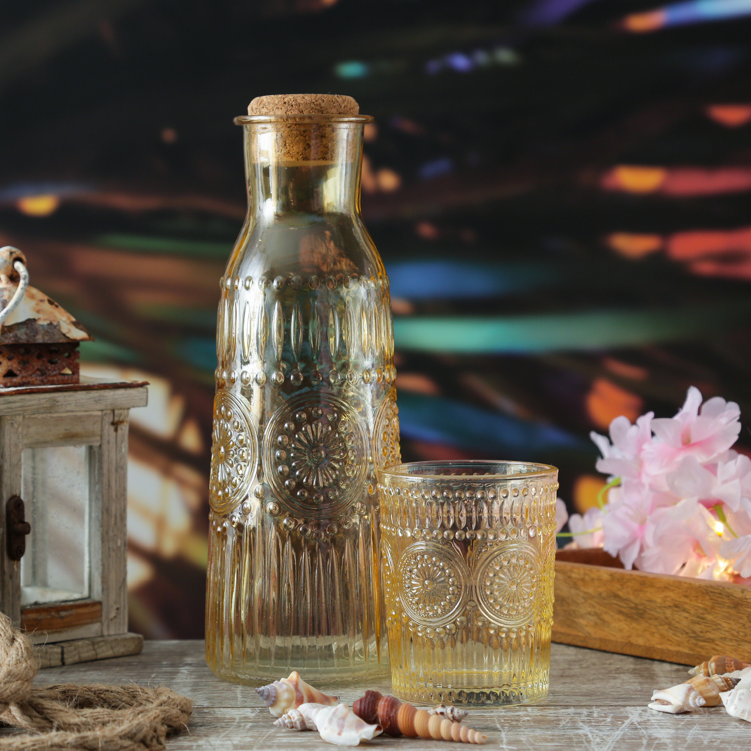Trinkglas Vintage - Glas - lebensmittelecht - 280ml - H: 10cm - mit Muster - gelb