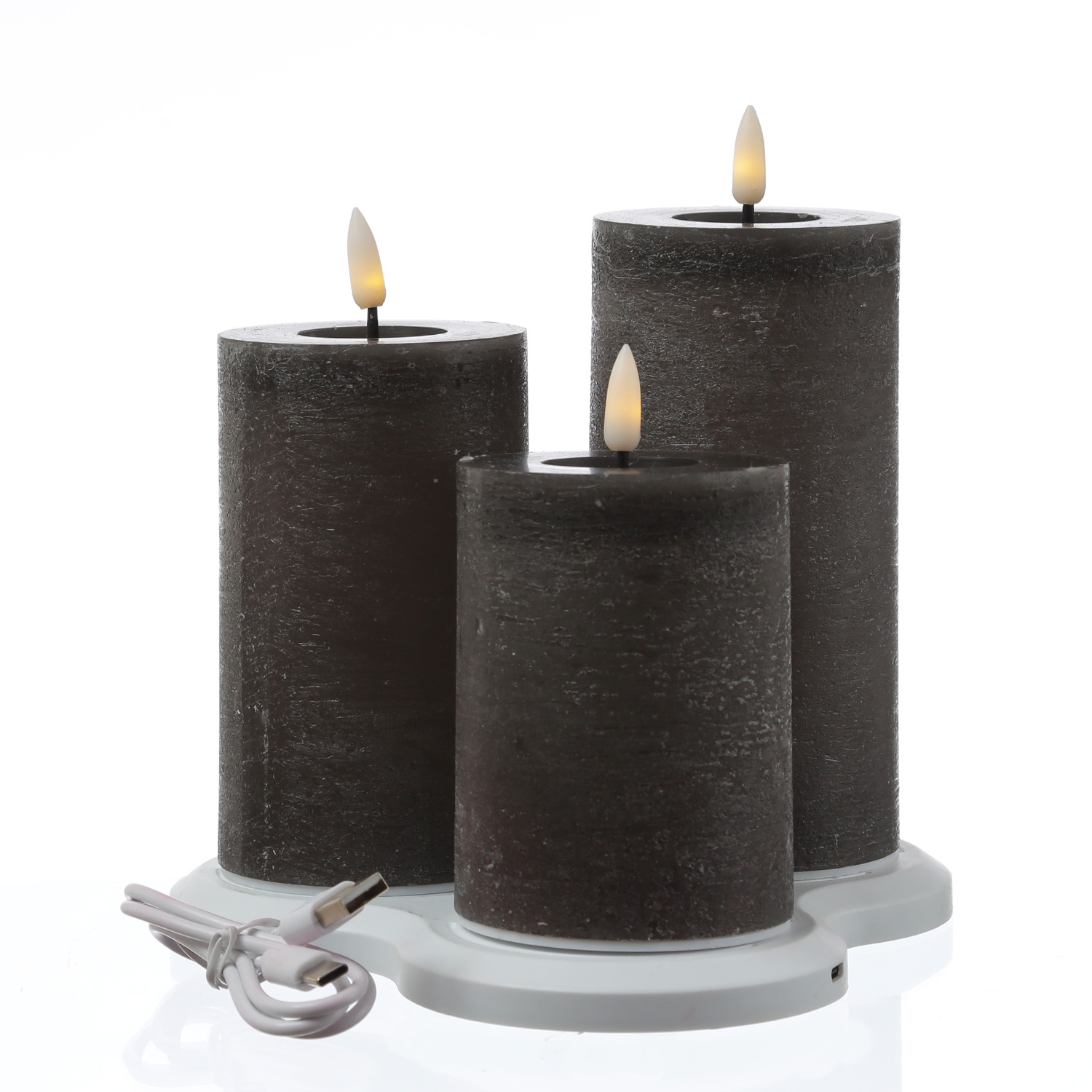 LED Kerzenset LISA - Rustik-Optik - Echtwachs - 3 Größen - mit Ladestation - Timer - grau - 3er Set LED Kerzenset LISA - Rustik-Optik - Echtwachs - 3 Größen - mit Ladestation - Timer - grau - 3er Set