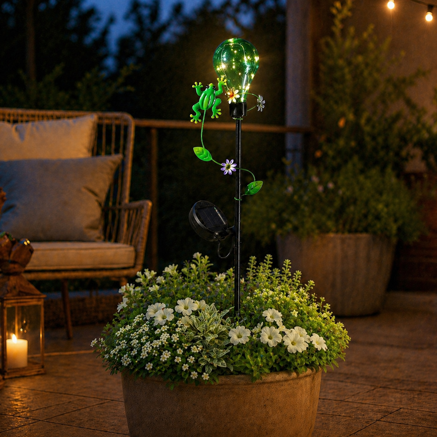 LED Solar Gartenstecker Glühbirne mit Frosch - 5 warmweiße LED - H: 84cm - Lichtsensor