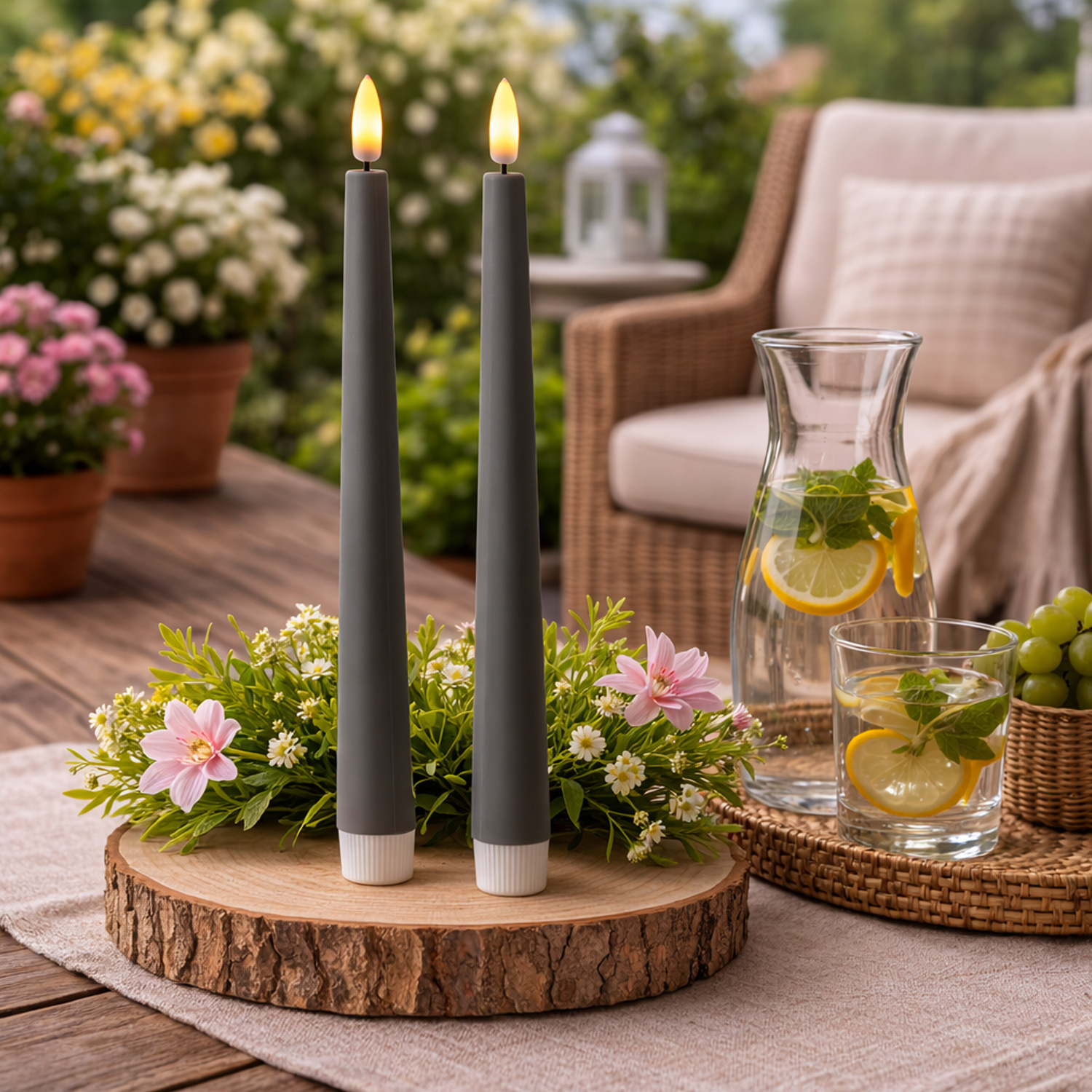 LED Stabkerzen - LED Tafelkerzen aus Kunststoff - H: 25,5cm - Timer - für Innen/Außen - grau