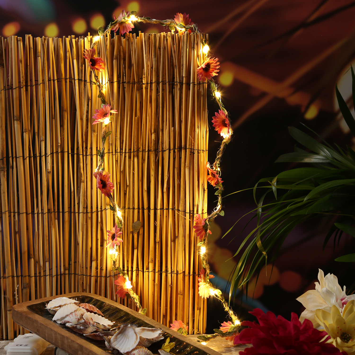 LED Lichterkette Blumen - 20 warmweiße LED - Batterie - Timer - L: 1,45m - für Außen - pink