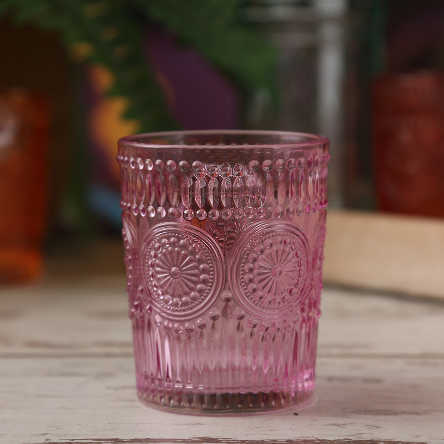 Trinkgläser Vintage - Glas - lebensmittelecht - 280ml - H: 10cm - mit Muster - lila - 4er Set