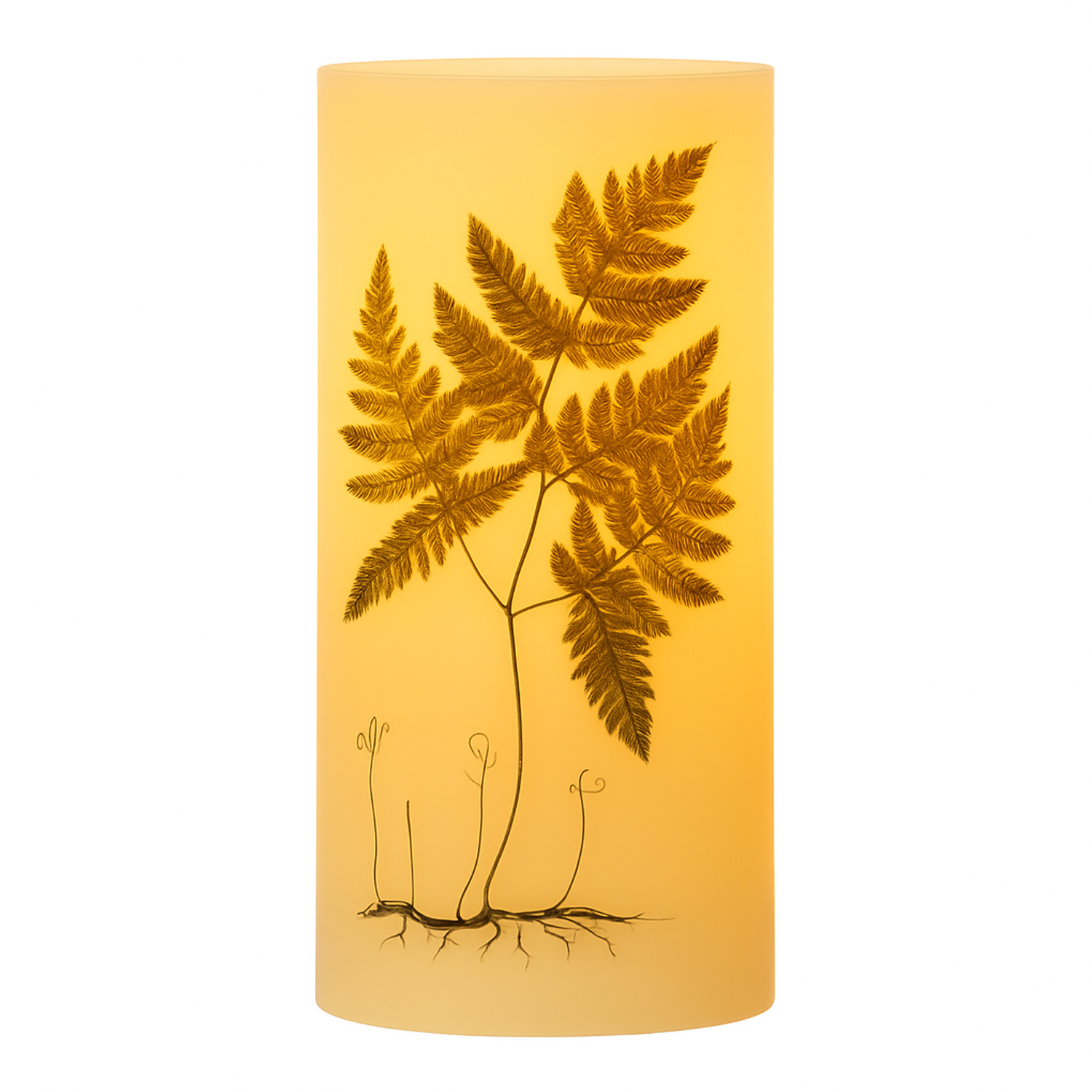 XXL LED Kerze mit Farndruck - Echtwachs - flackernde LED - H: 25cm - D: 12cm - weiß/grün