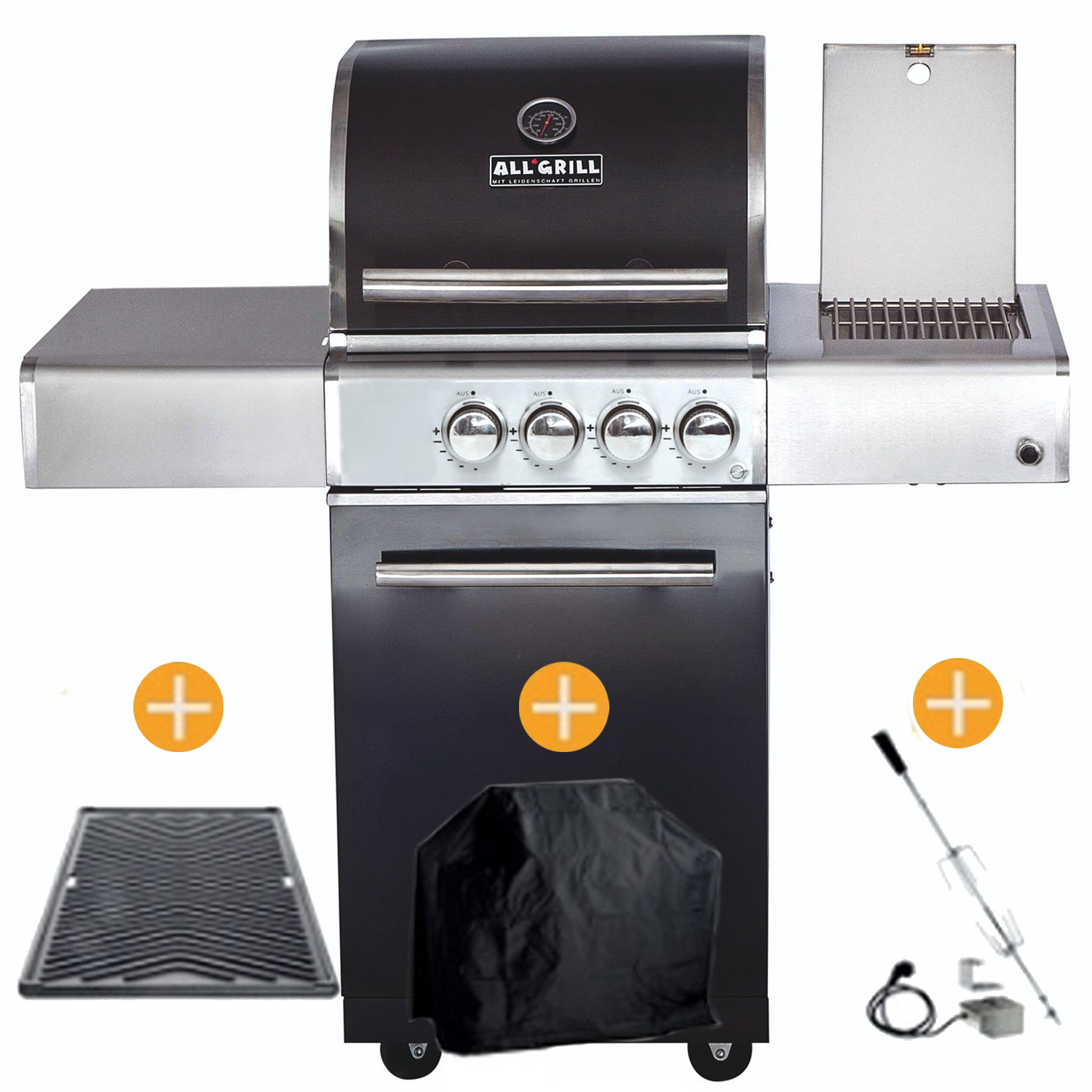 CHEF Paket S1 - Basis schwarz 2 Brenner Backburner Seitenkocher GRATIS: Cover, Grillplatte, Spieß