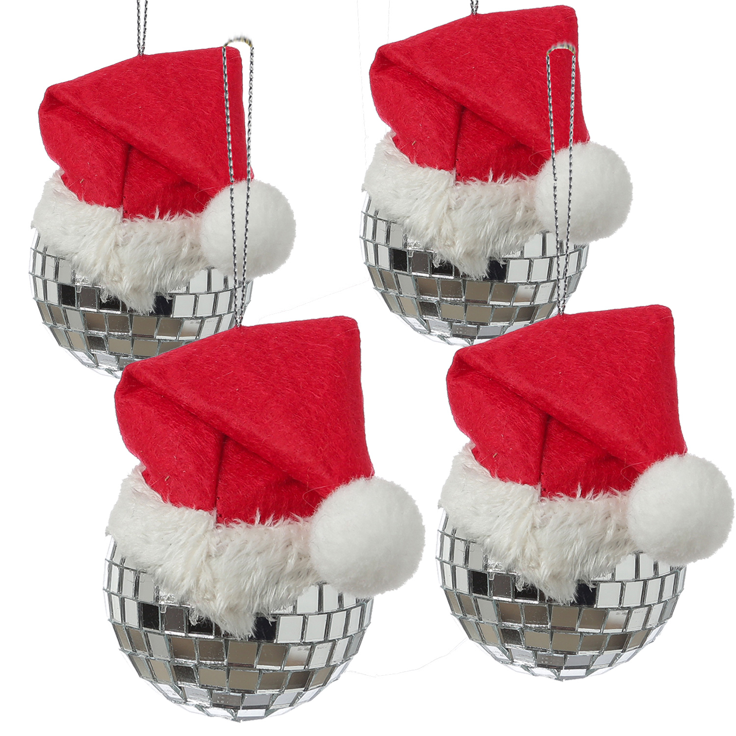 Weihnachtsbaumschmuck DISCOKUGEL mit Nikolausmütze - H: 7cm - silber - 4er Set Weihnachtsbaumschmuck DISCOKUGEL mit Nikolausmütze - H: 7cm - silber - 4er Set