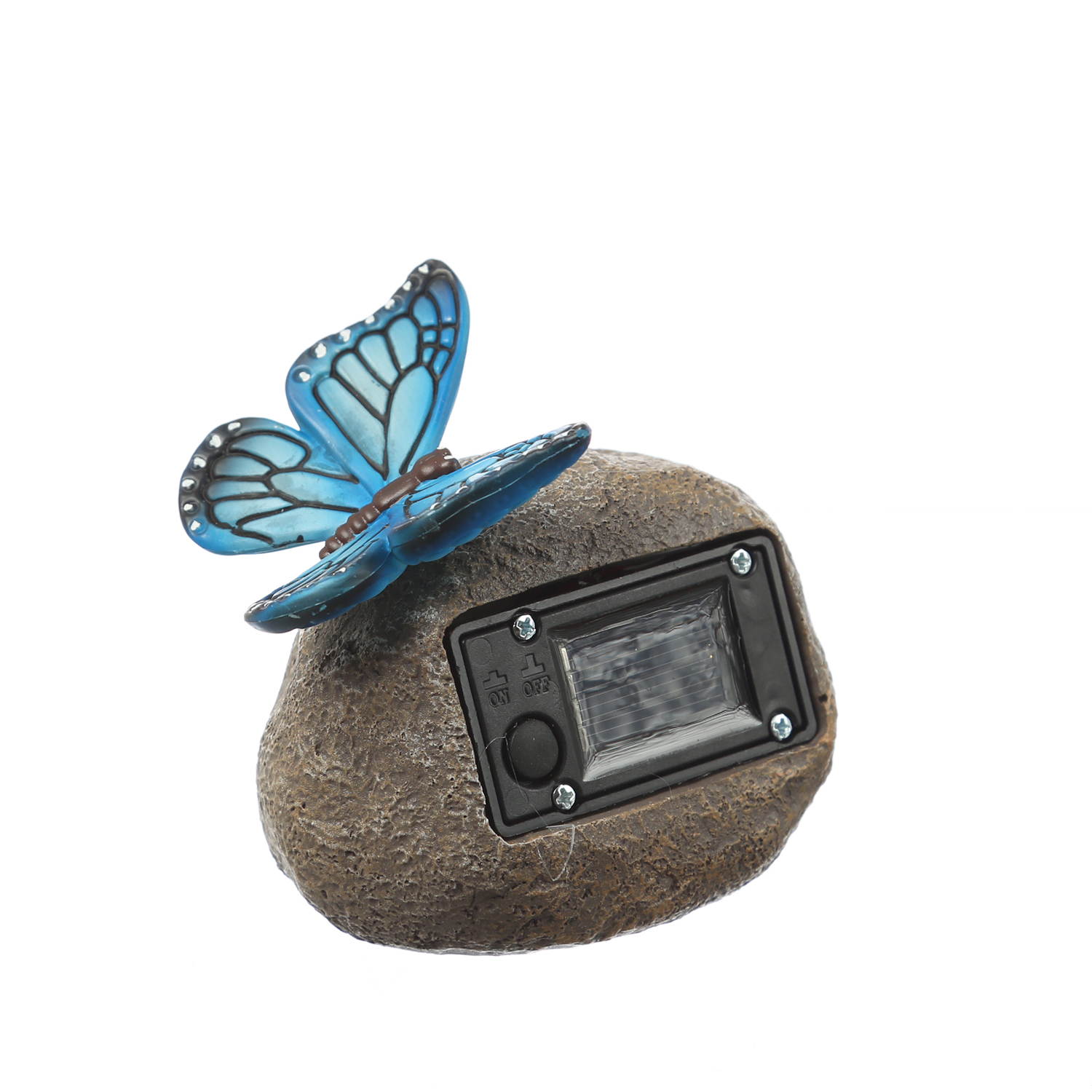 LED Solar Stein mit blauem Schmetterling - Gartenfigur - warmweiße LED - H: 9cm - Lichtsensor