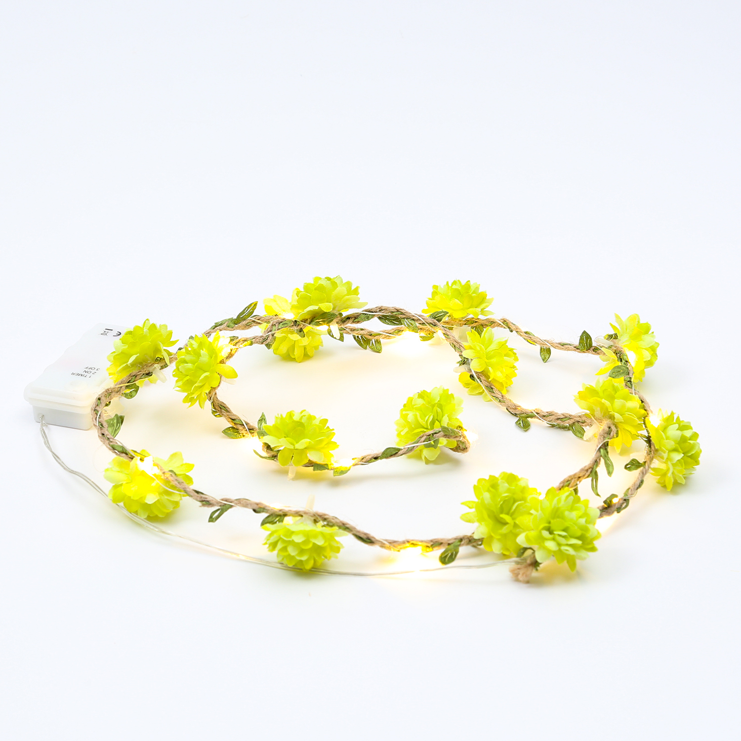 LED Lichterkette Blumen - 20 warmweiße LED - Batterie - Timer - L: 1,45m - für Außen - grün