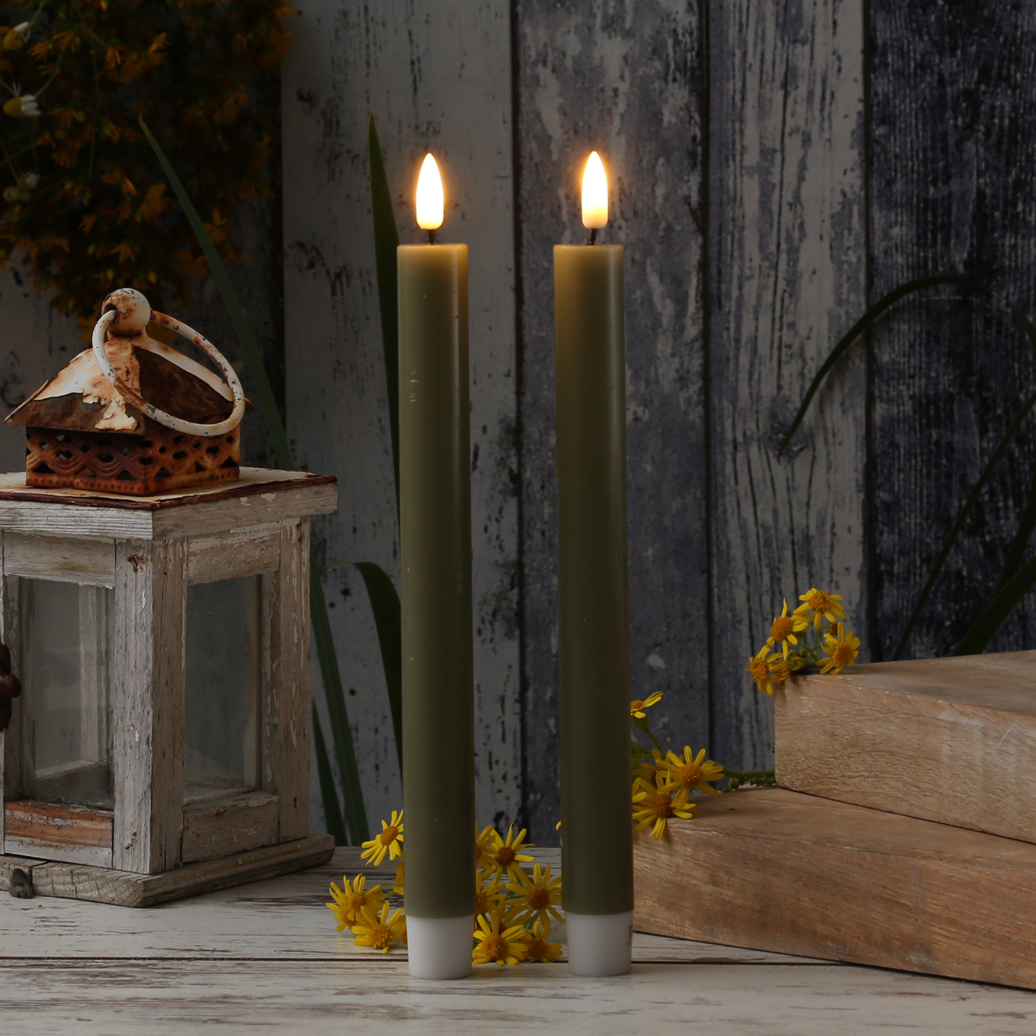 LED Stabkerzen MIA - Echtwachs - realistische 3D Flamme - H:24cm - Batteriebetrieb - olivgrün - 2 St LED Stabkerzen MIA - Echtwachs - realistische 3D Flamme - H:24cm - Batteriebetrieb - olivgrün - 2 St