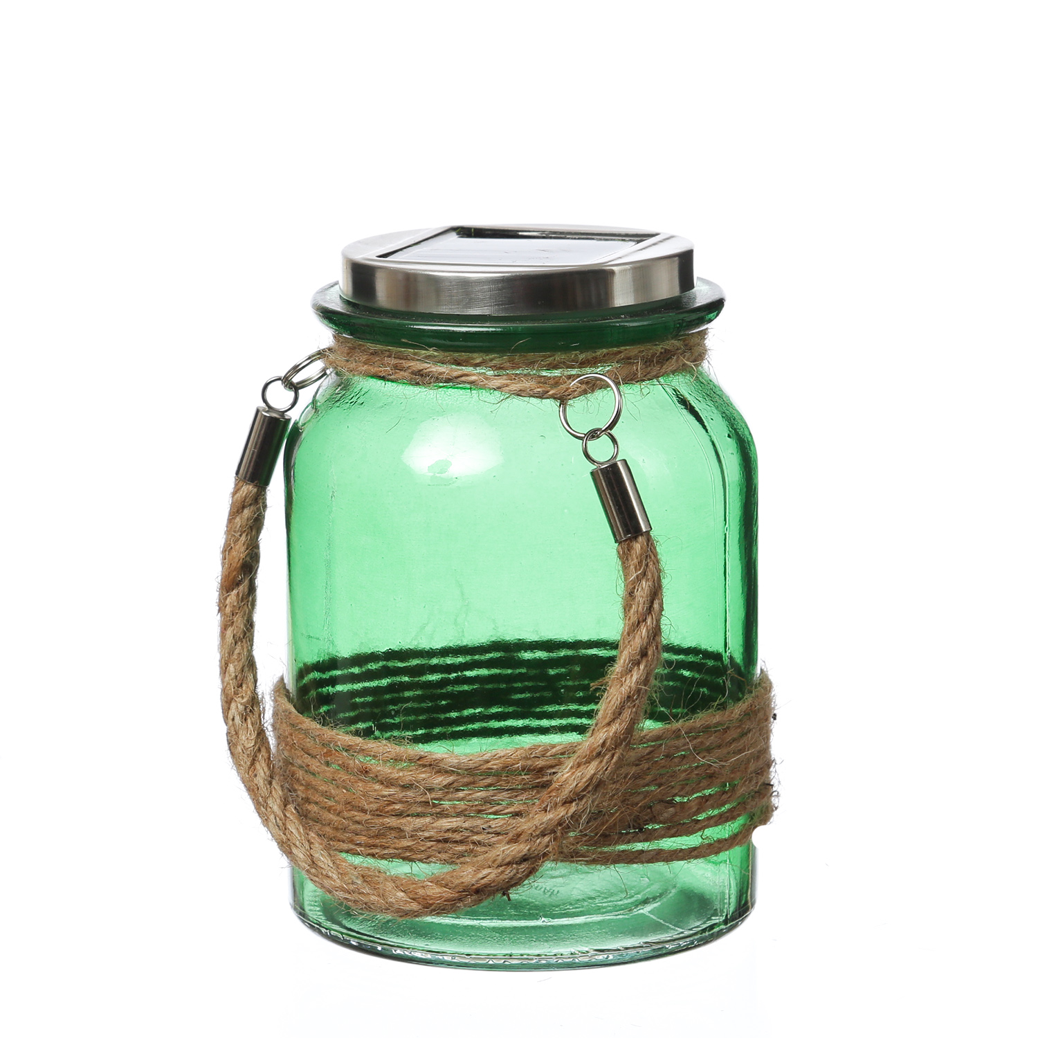 LED Solarglas - Windlicht mit Juteseil - Glas - warmweiße LED - Lichtsensor - H: 16cm - grün LED Solarglas - Windlicht mit Juteseil - Glas - warmweiße LED - Lichtsensor - H: 16cm - grün