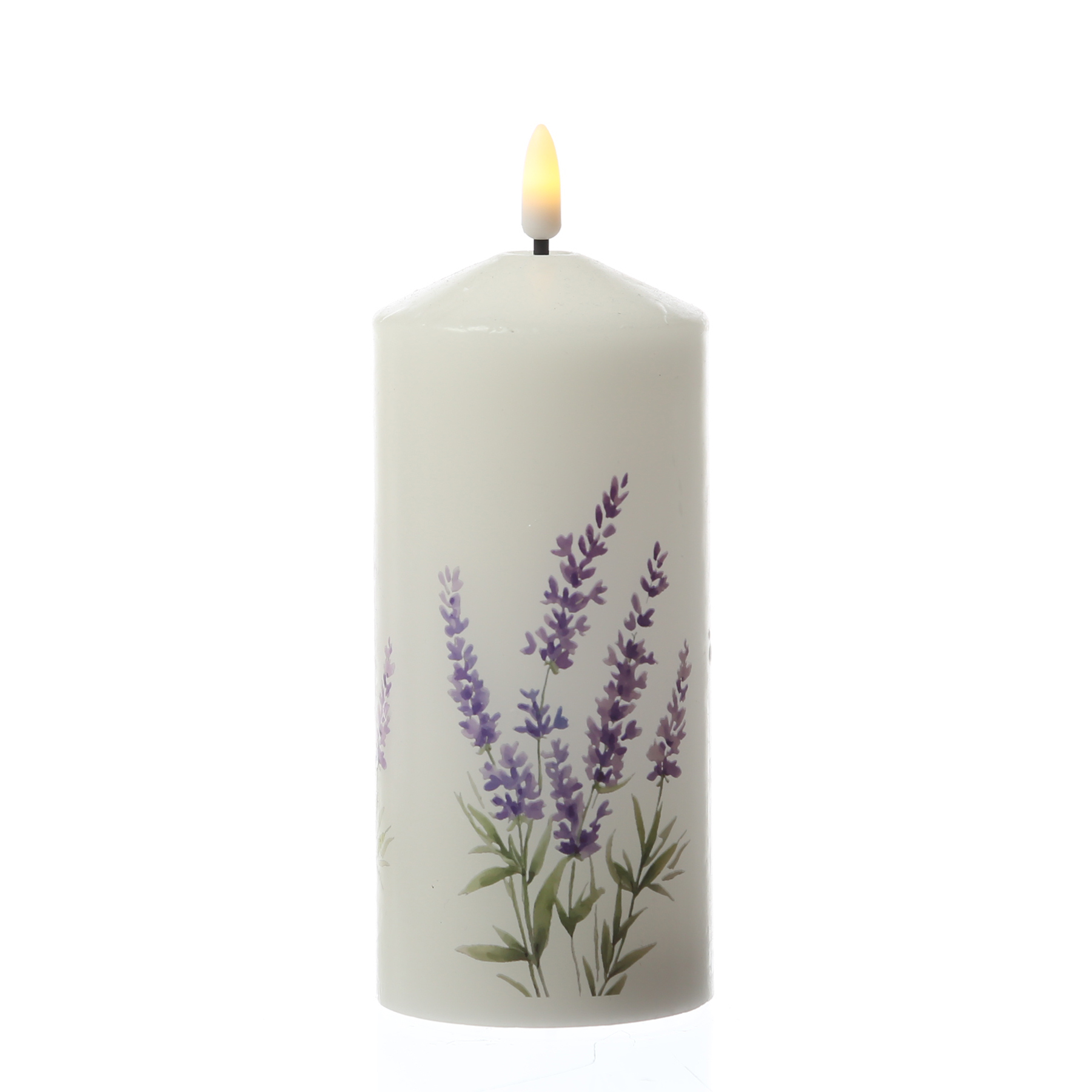 LED Kerze mit Lavendel Motiv - Echtwachs - H: 18,5cm - D: 7cm - Batteriebetrieb - Timer