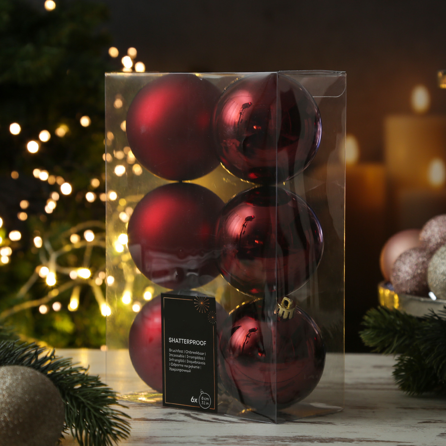 Christbaumkugeln - Weihnachtbaumskugeln - bruchfest - D: 8cm - glänzend/matt  - weinrot - 6er Set Christbaumkugeln - Weihnachtbaumskugeln - bruchfest - D: 8cm - glänzend/matt  - weinrot - 6er Set