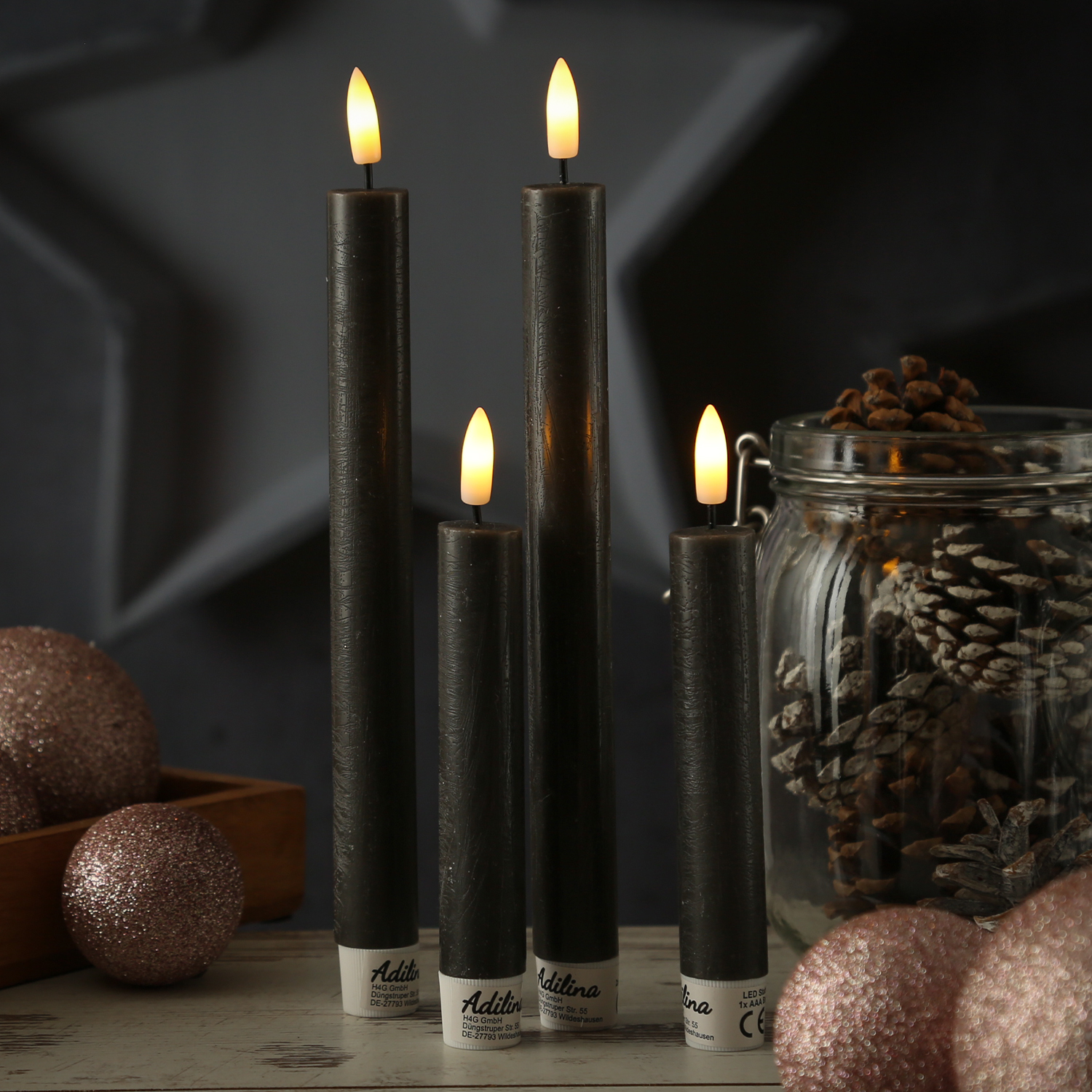 LED Stabkerzen LINA - Rustik-Optik - Echtwachs - 3D Flamme - H: 16cm - Timer - schwarz - 2er Set