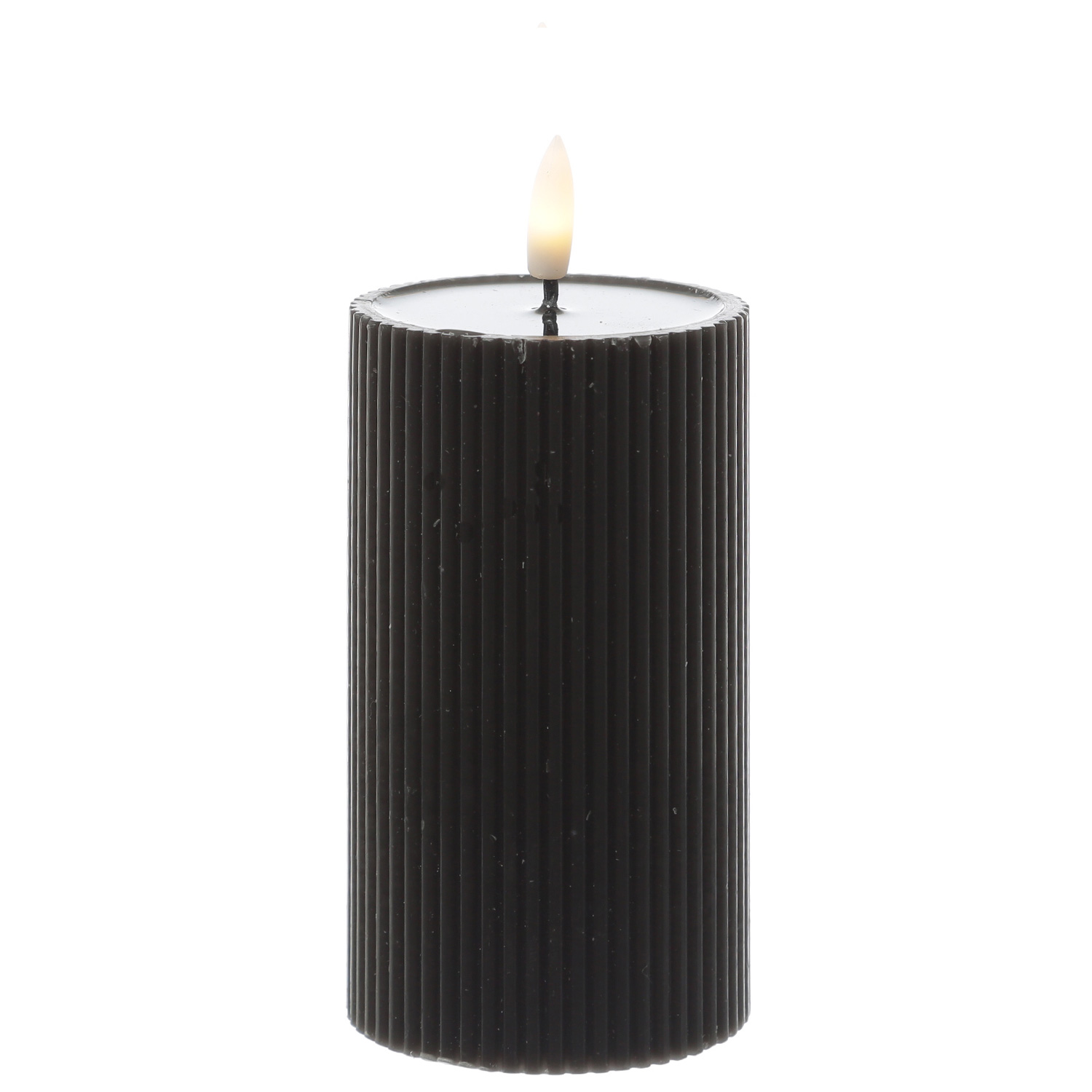 LED Kerze LIV - gerillt - Echtwachs - warmweiße 3D Flamme - H: 15,5cm - D: 7cm - Timer - schwarz
