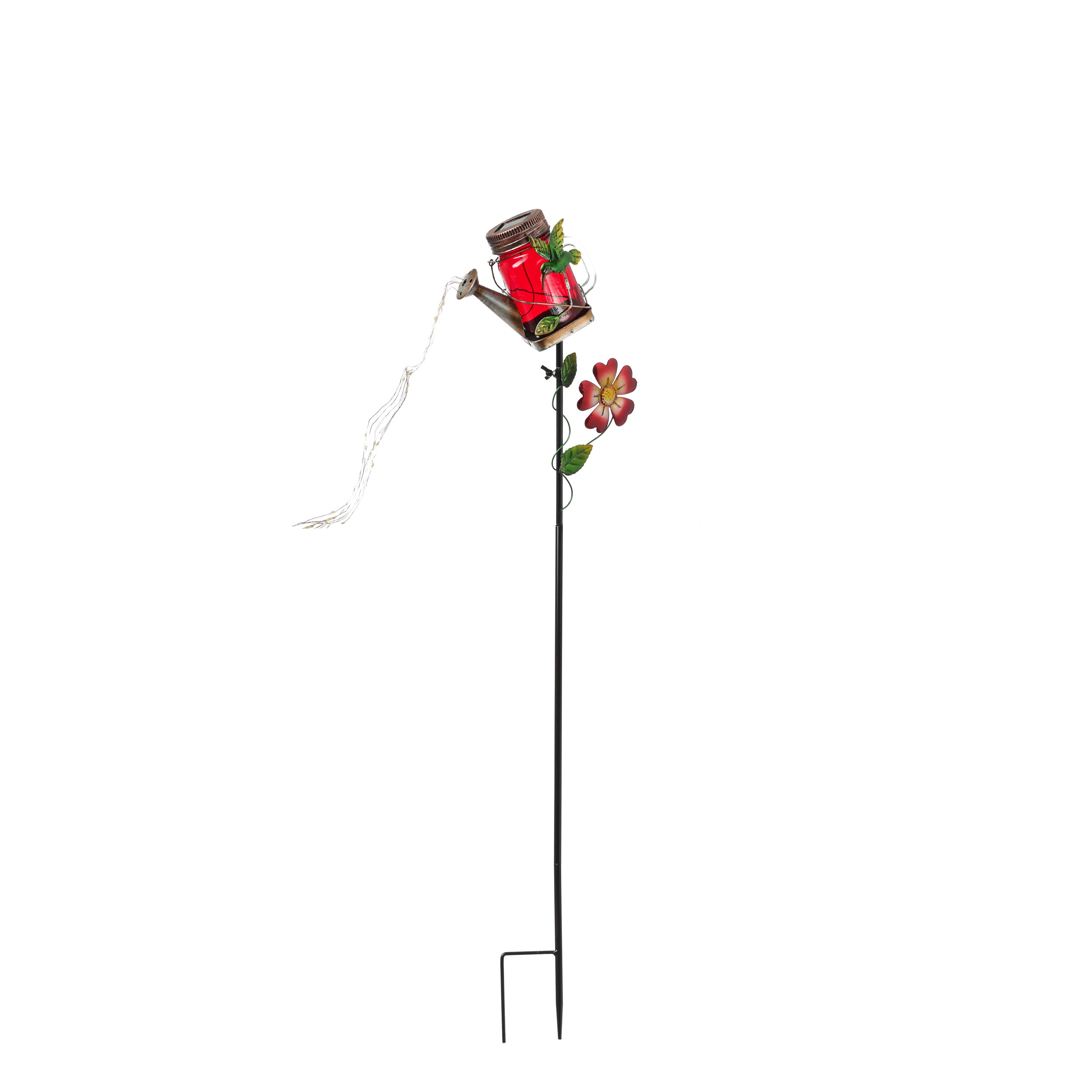 LED Solar Gießkanne mit Wasserfall Lichterkette - Rotes Solarglas mit Kolibri - H: 80cm - Sensor