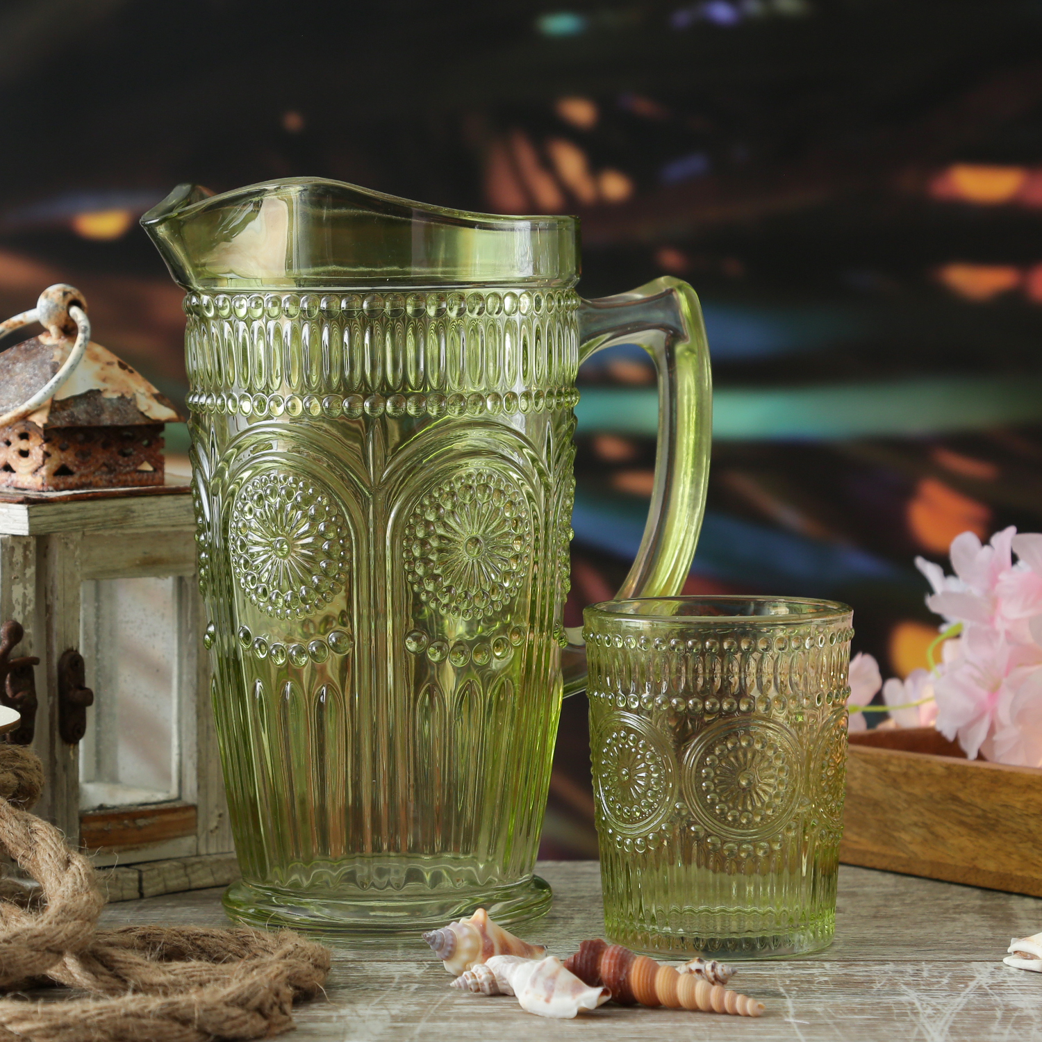Trinkgläser Vintage - Glas - lebensmittelecht - 280ml - H: 10cm - mit Muster - grün - 4er Set