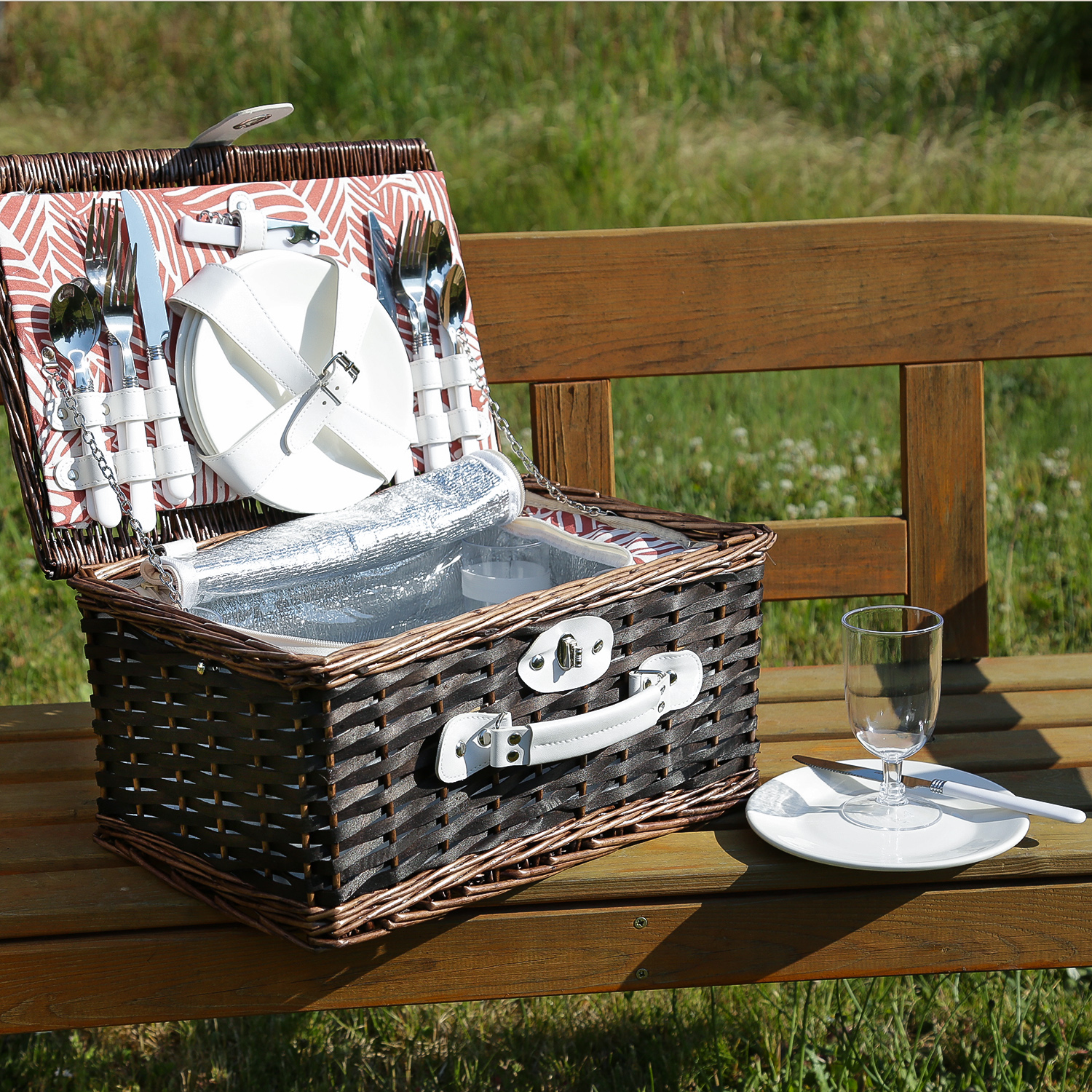 Picknickkorb-Set Für 4 Personen, Glas Edelstahl Kühlfach Porzellan, Beige