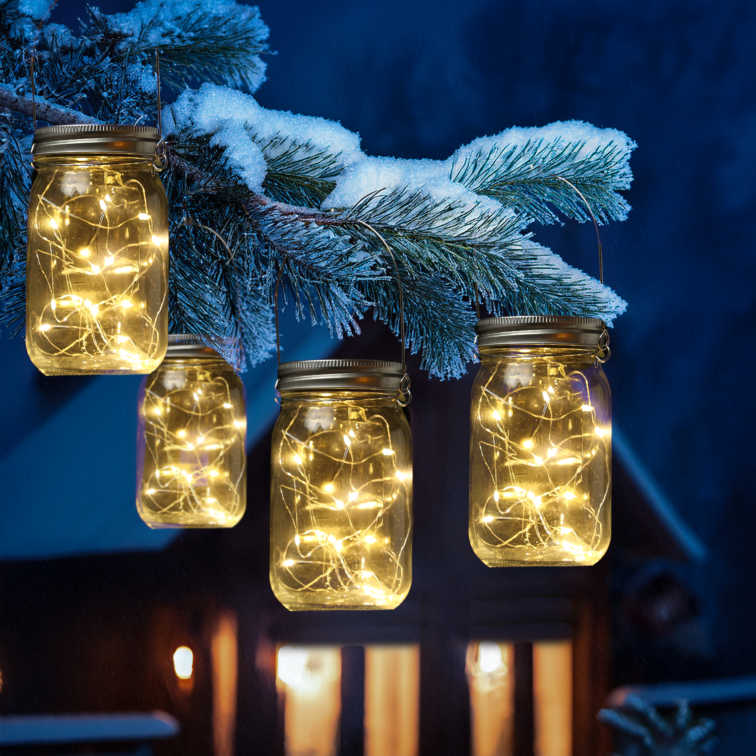 LED Solar Gläser - Windlichter mit Drahtlichterkette - Lichtsensor - H: 13cm - transparent - 4 Stück