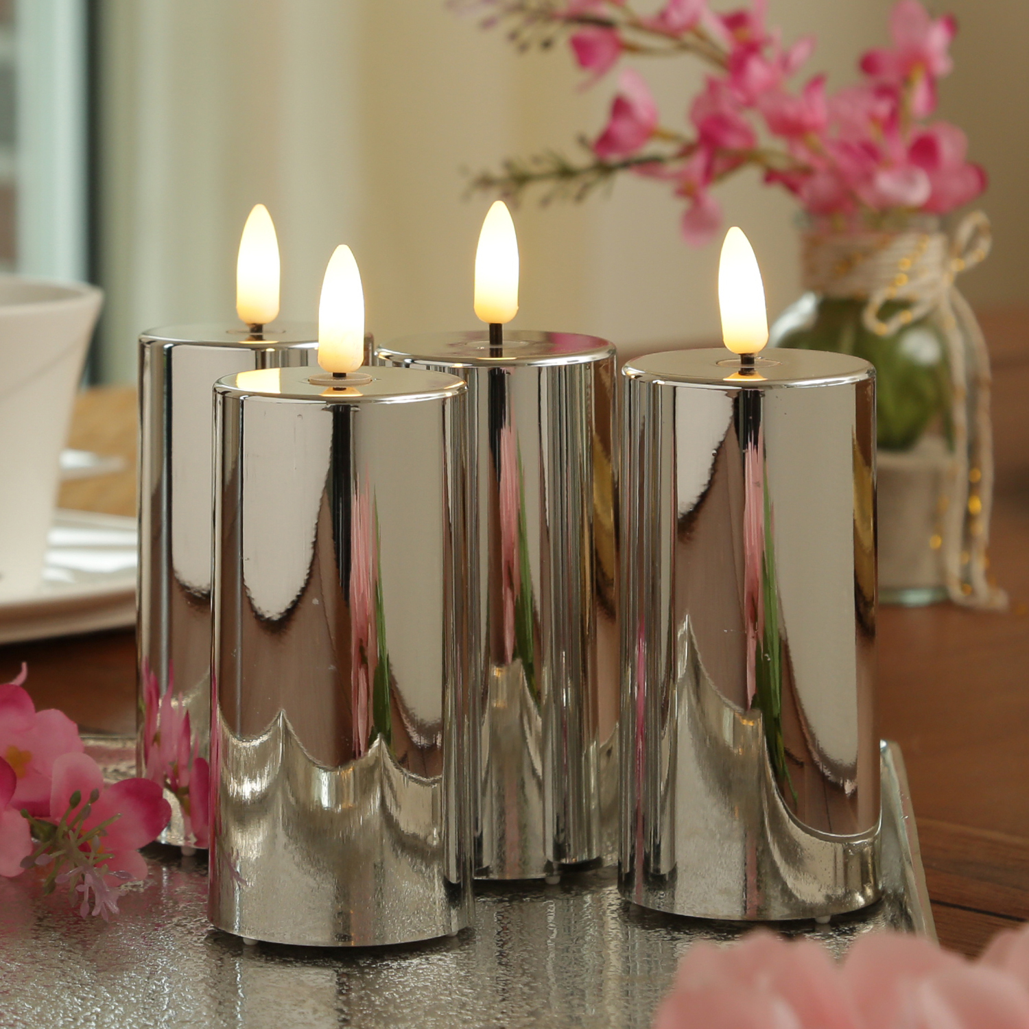 LED Kerze - Kunststoff - 3D Flamme - Timer - H: 12,5cm - D: 5cm - silber glänzend LED Kerze - Kunststoff - 3D Flamme - Timer - H: 12,5cm - D: 5cm - silber glänzend