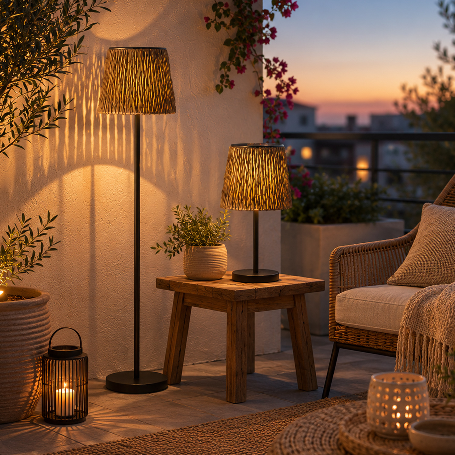 LED Solar Tischleuchte in Rattan-Optik - warmweiße LED - H: 48cm - Lichtsensor