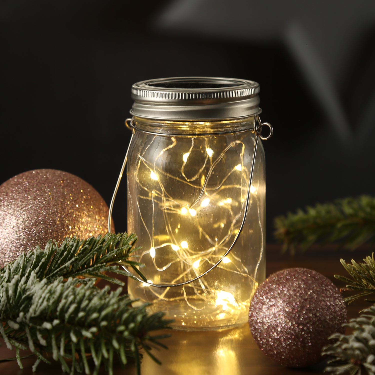 LED Solar Glas - Windlicht - mit Drahtlichterkette - Lichtsensor - H 18cm - transparent