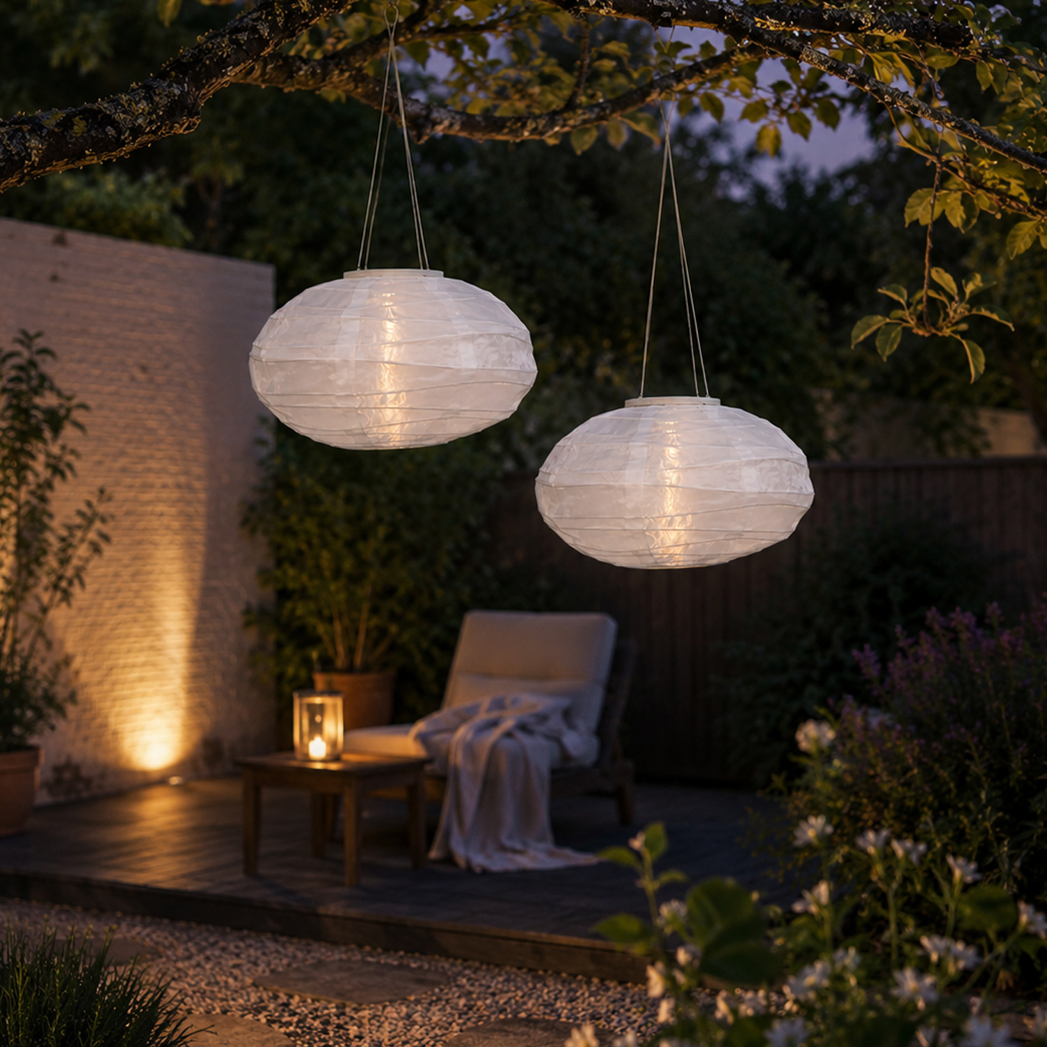 LED Solar Lampions oval - warmweiße LED - H: 19cm - D: 35cm - Lichtsensor - weiß - 2er Set