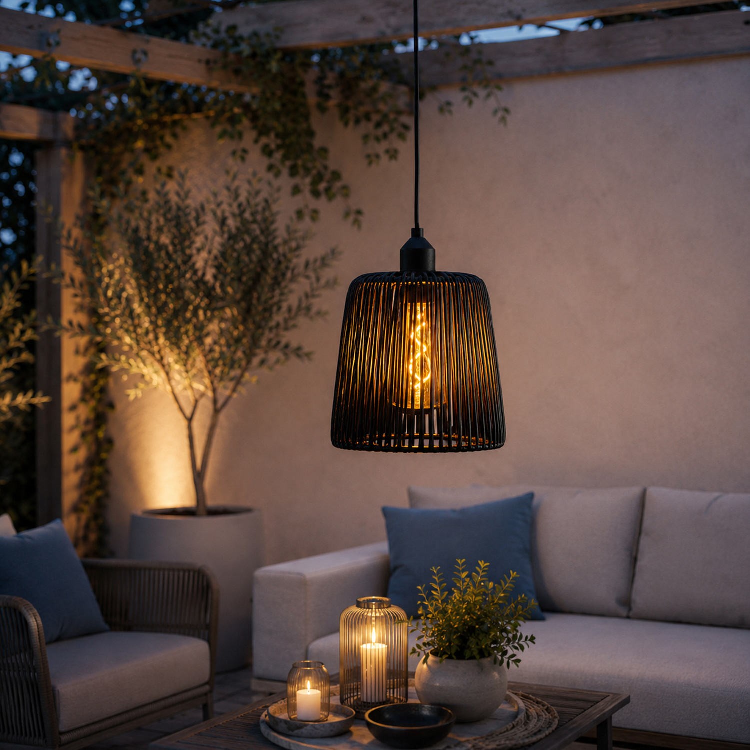 LED Hängeleuchte in Korboptik - Lampenschirm aus Kunststoffseil - D: 15cm - Batterie/Timer - outdoor