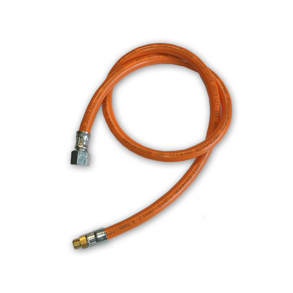 Gasschlauch Mitteldruck orange - 1 Meter - 6,3x3,5mm, G3/8" LH-ÜM x AG 7/16"x28 UNEF Gasschlauch Mitteldruck orange - 1 Meter - 6,3x3,5mm, G3/8" LH-ÜM x AG 7/16"x28 UNEF