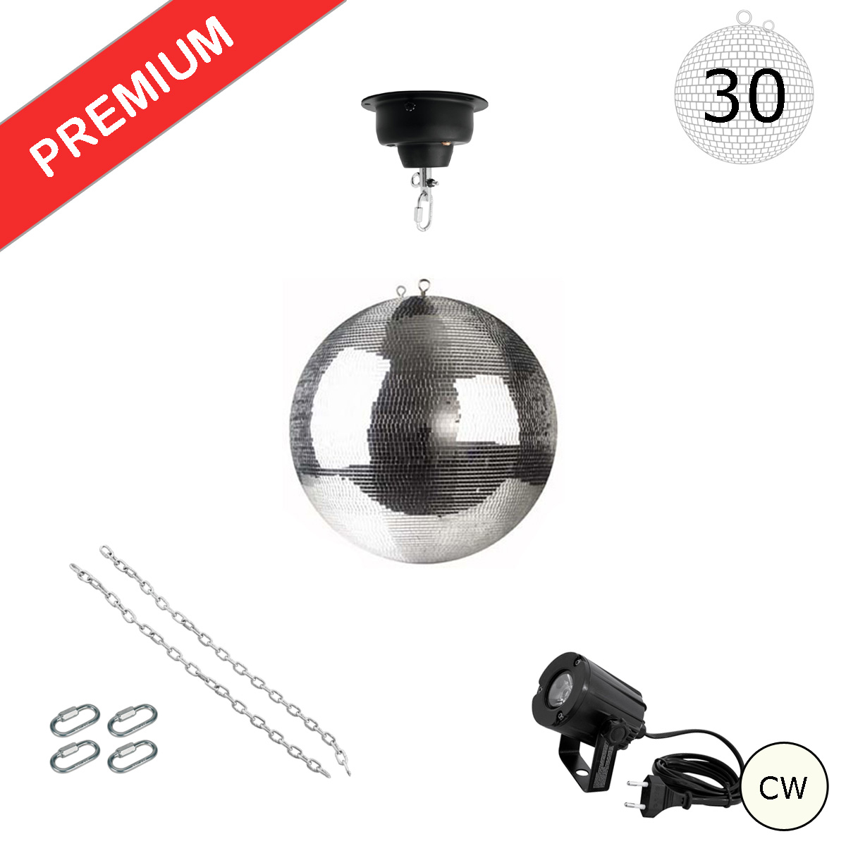 Spiegelkugel Komplettset - Discokugel, Motor, Pinspot, Montagematerial für Diskokugel - Mirrorball Set - Partyset