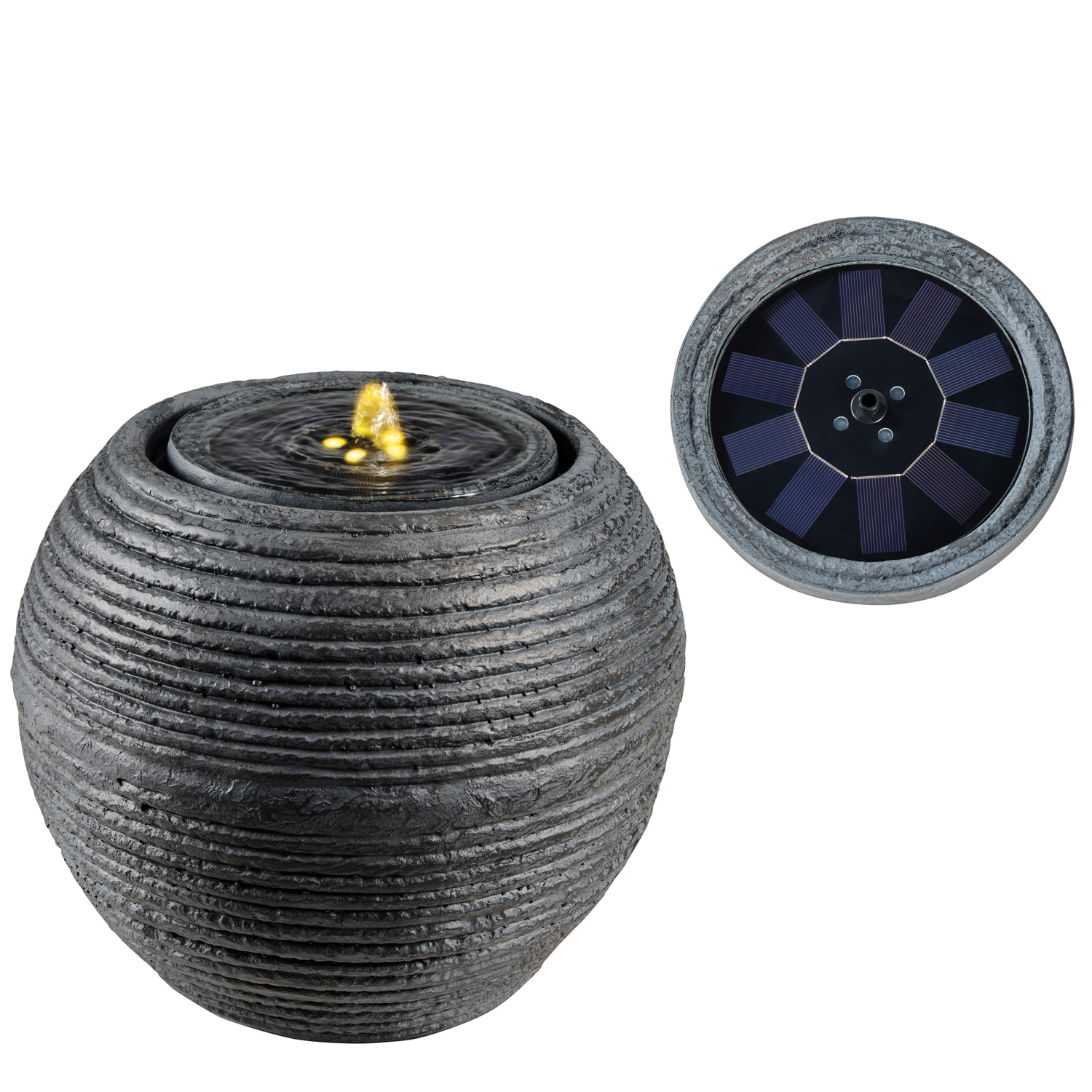 LED Solar Kugelbrunnen - Gartenbrunnen - GRC Beton - 4 warmweiße LED - D: 35,5cm - grau