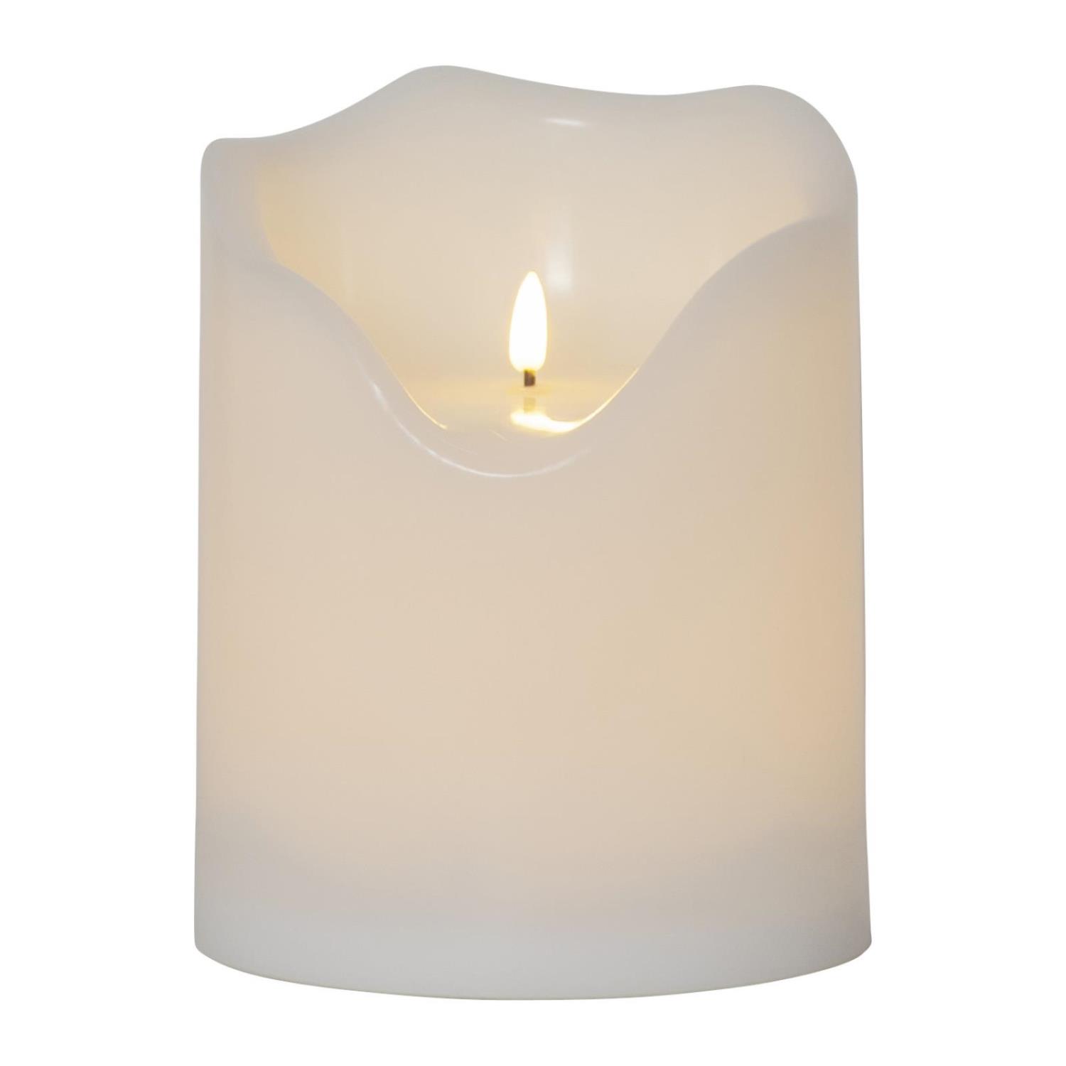 LED Stumpenkerze Flamme - Kunststoff - warmweisse 3D Flamme - H- 20cm - Timer - fuer Aussen - weiss