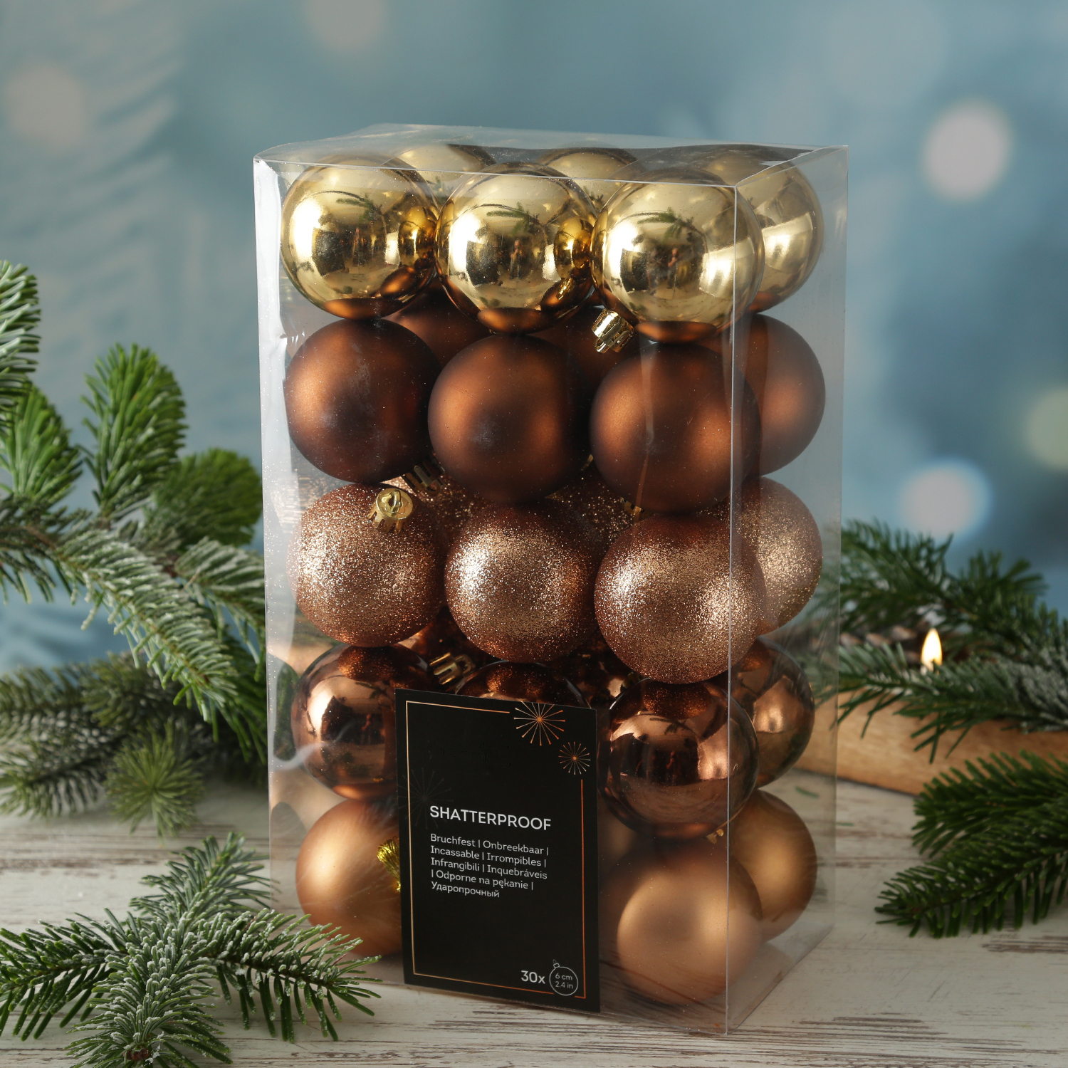Christbaumkugeln - Weihnachtskugeln - bruchfest - D: 6cm - glänzend/matt - braun, gold - 30St.
