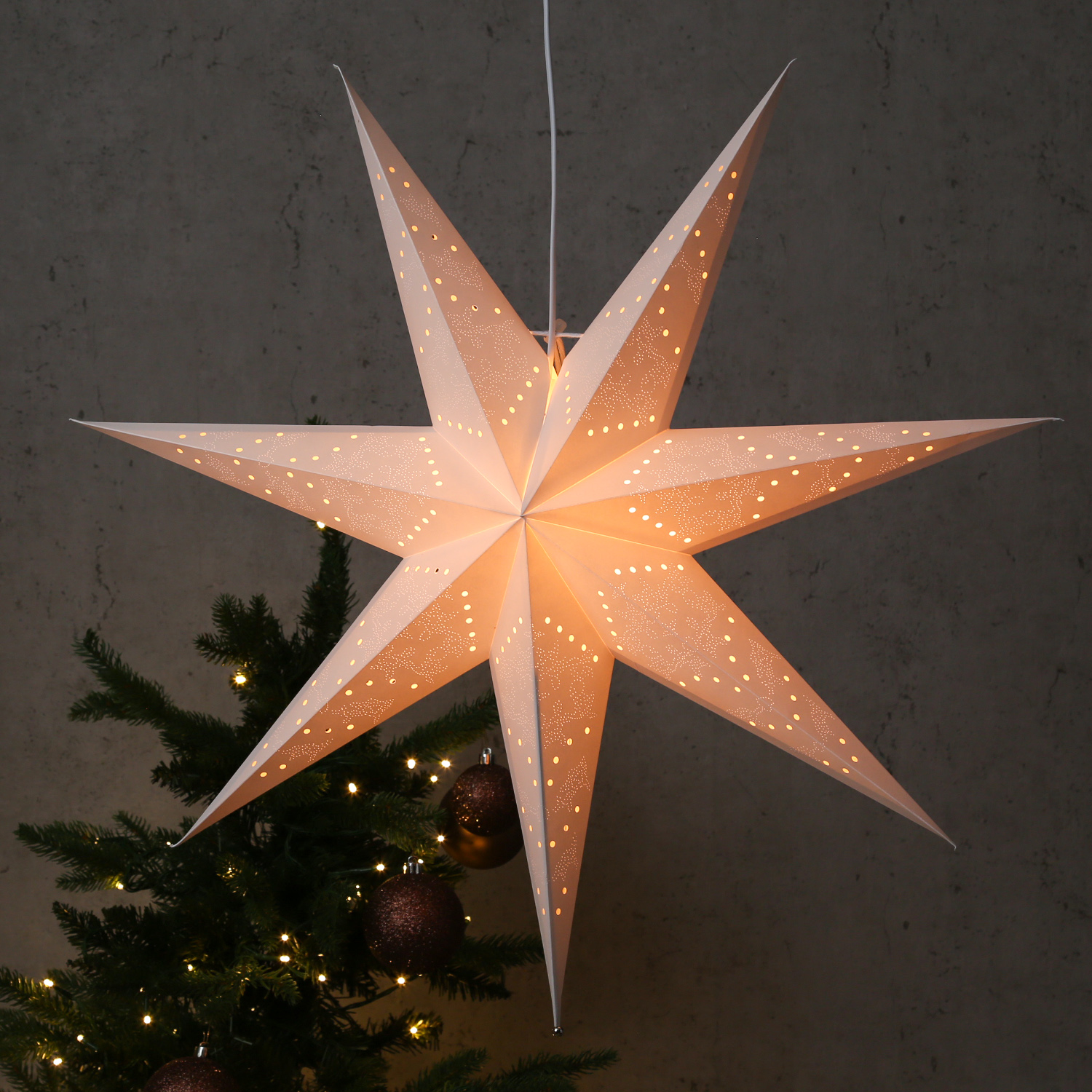 Papierstern Luna - hängend - 7-zackig - D: 70cm - inkl. E14 Fassung und Kabel - weiß Papierstern Luna - hängend - 7-zackig - D: 70cm - inkl. E14 Fassung und Kabel - weiß