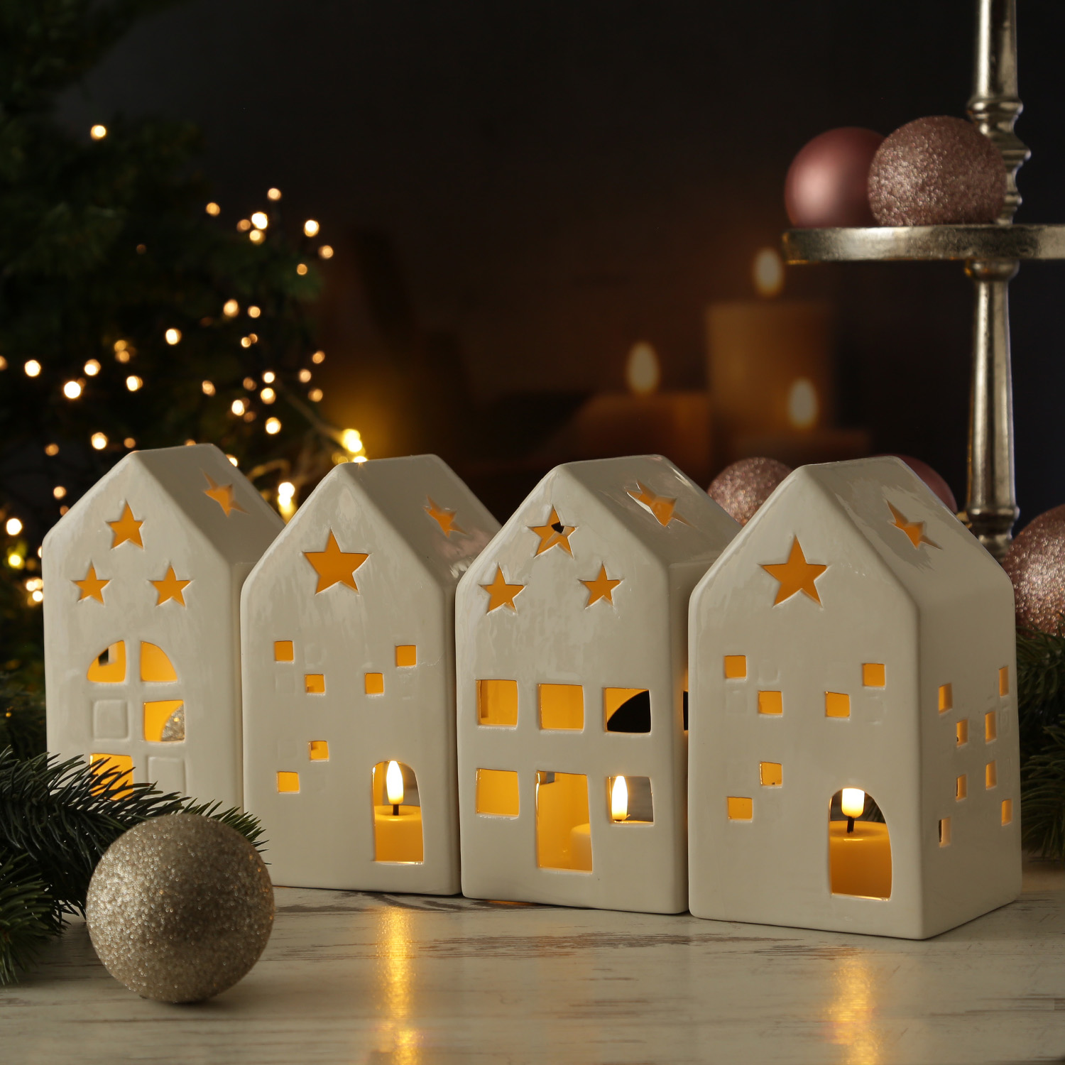 LED Haus - Porzellan Lichthaus - warmweiße LED - H: 24cm - inkl. Batterie - für Innen