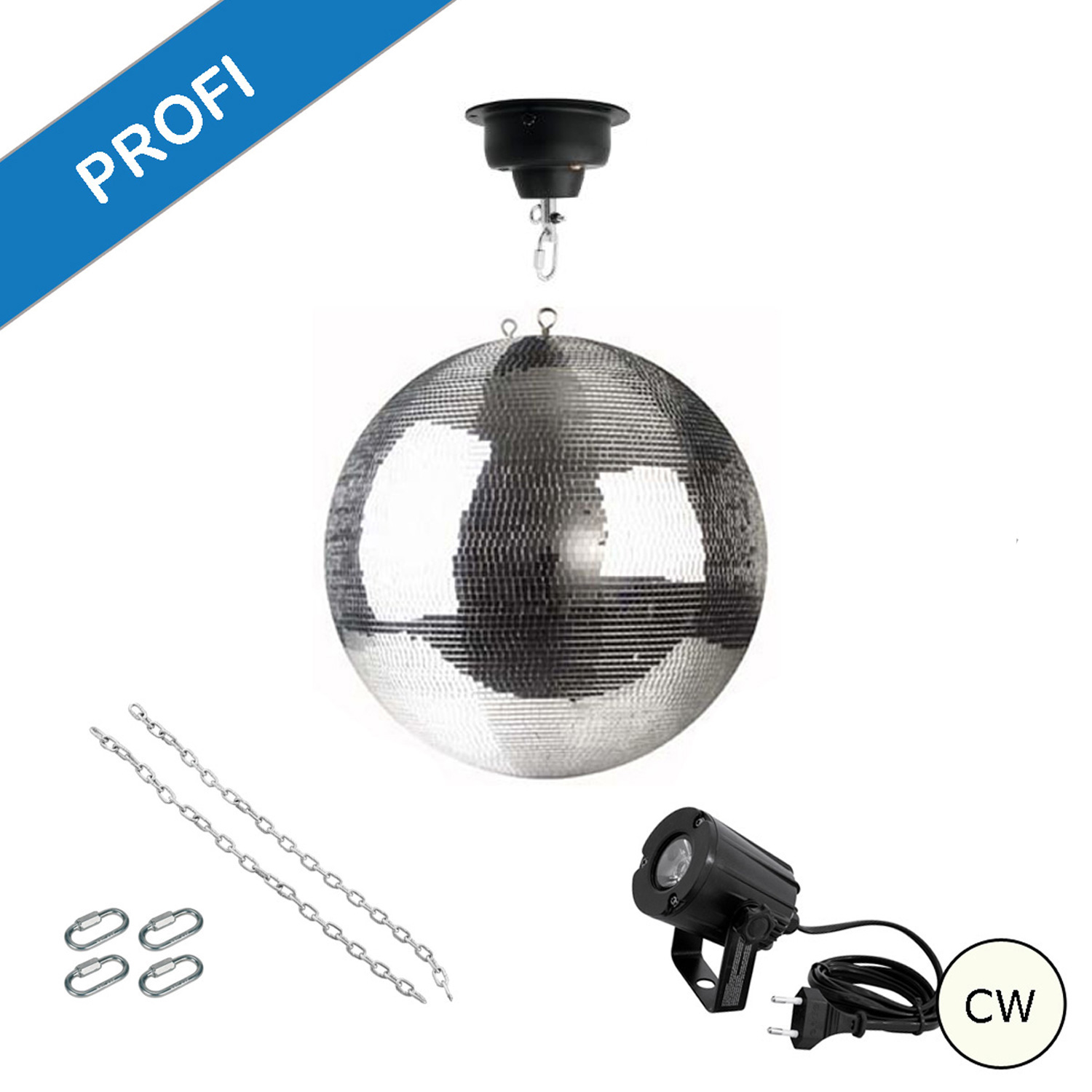 Spiegelkugel Komplettset 40cm mit Motor, LED Pinspot (kaltweiss) und Montagematerial PROFI Spiegelkugel Komplettset 40cm mit Motor, LED Pinspot (kaltweiss) und Montagematerial PROFI