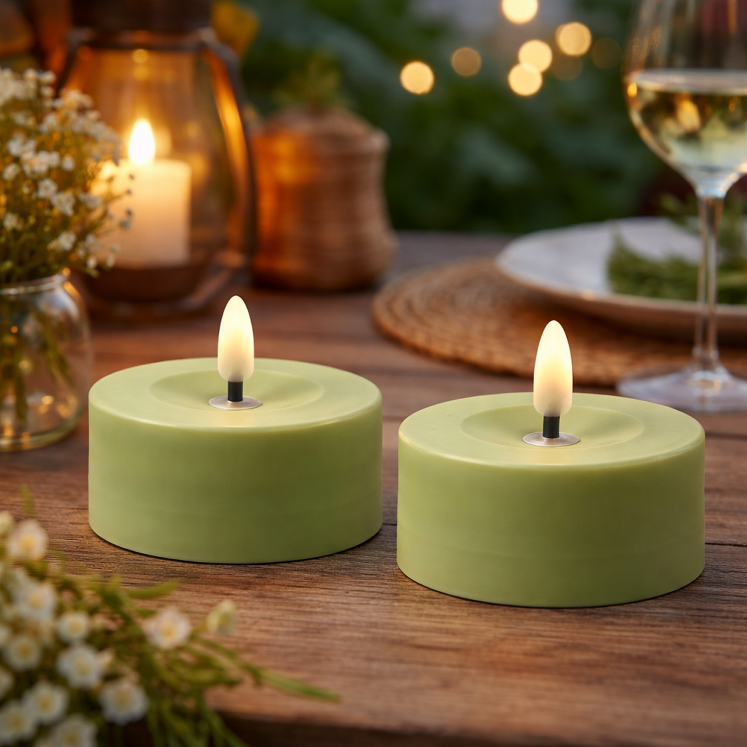 LED Solar Maxi Teelichter - XL Outdoor Teelichter - D: 7cm - Lichtsensor - grün - 2er Set