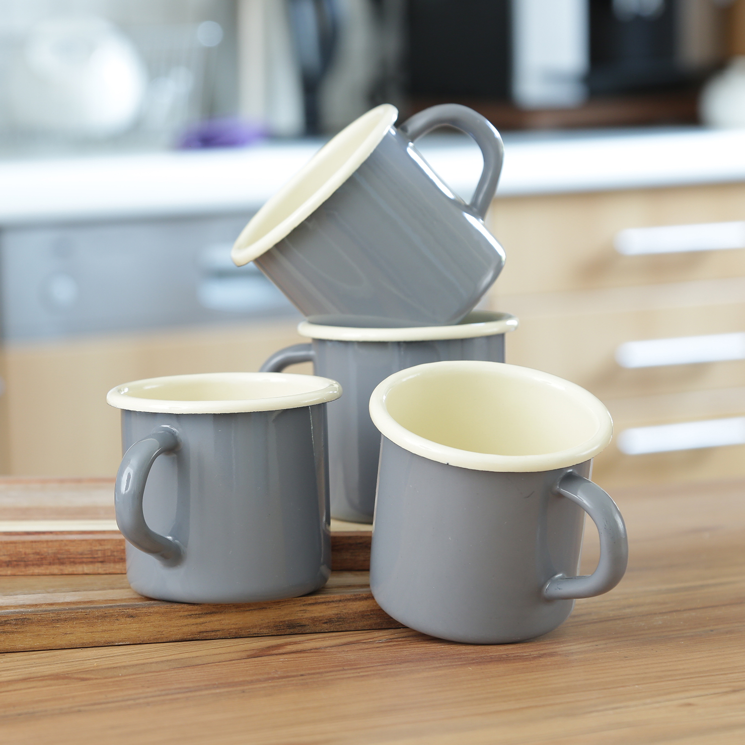Krüger Becher - Blechbecher emailliert - D: 8cm - 0,35L - grau, creme - 4 Stück