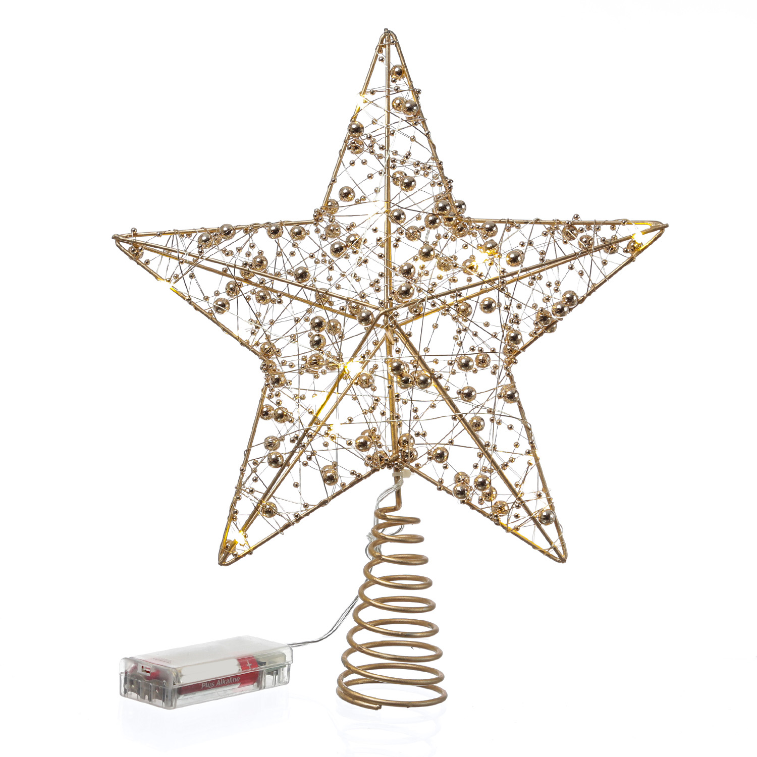 LED Weihnachtsbaumspitze Stern mit Perlen - 15 warmweiße LED - Batterie - Timer - H: 29cm - gold