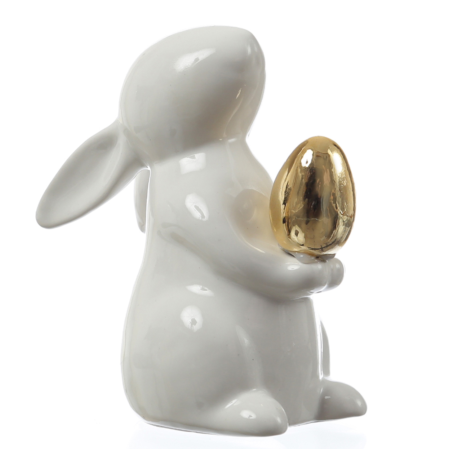 Hase mit goldenem Ei - Osterhase - Dekofigur - H: 13cm - Dolomit - weiß