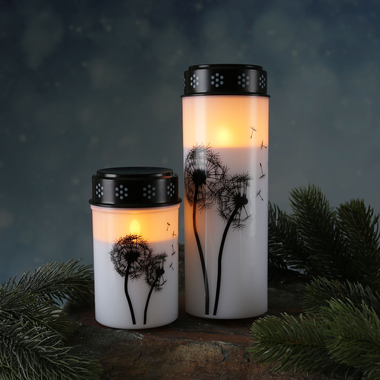 LED Grablicht/Grabkerze Pusteblume - bis 2500 Stunden - H: 12cm, D: 7cm - Timer - weiß/schwarz