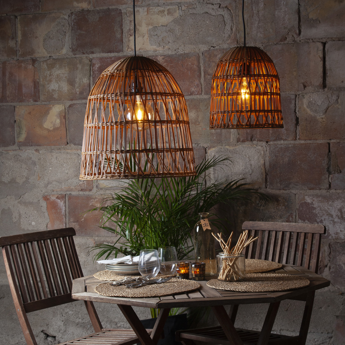 Lampenschirm BELL wetterfest - Rattan-Optik - mit E27 Kabelfassung - D: 48cm/H: 50cm - braun