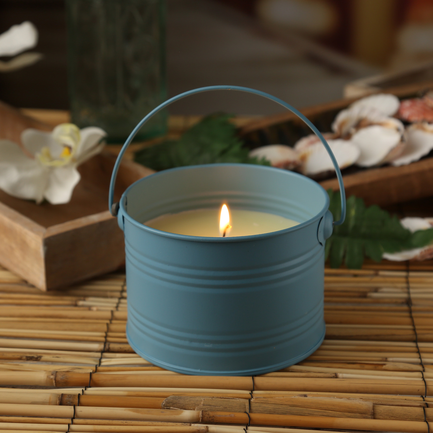 Duftkerze CITRONELLA - Echtwachs im Metalleimer - H: 8cm - gegen Stechmücken - hellblau