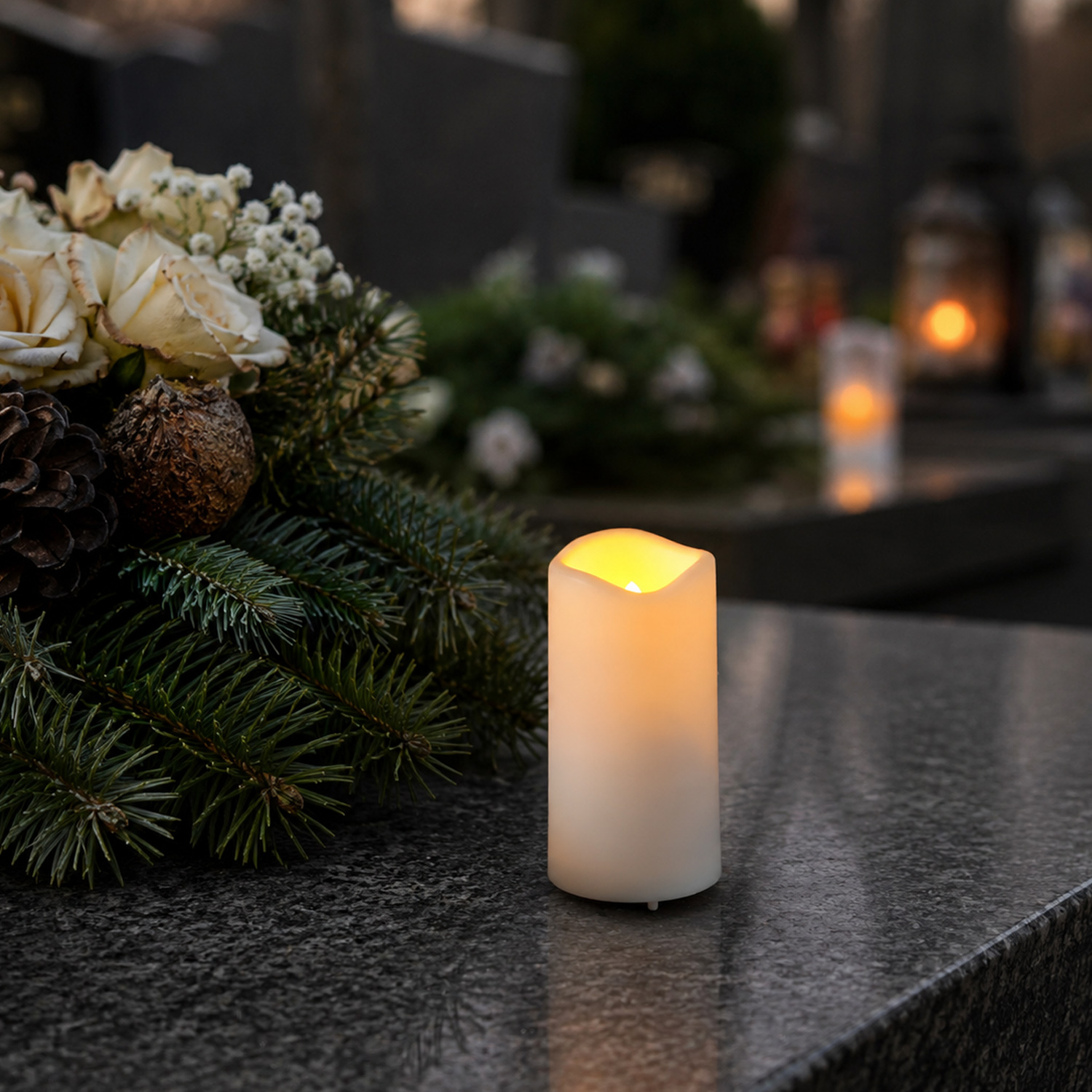LED Mini Kerze/Grabkerze - flackernd - H: 10cm, D: 5cm - Timer + Sensor - bis 750h - weiß