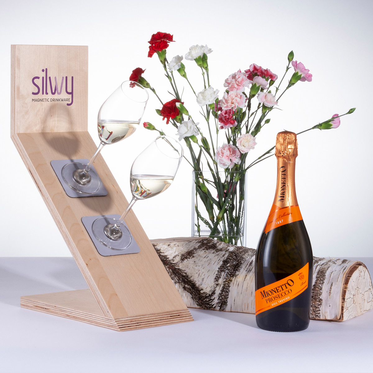 SILWY Prosecco Set - 2 x Kristallgläser + Metall-Nano-Gel-Pads + Prosecco 0,75L - Geschenkbox