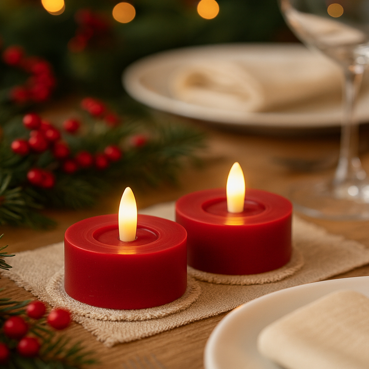 LED Maxi Teelichter LINA - Rustik-Optik - Echtwachs - Timer - D: 7cm - H: 6cm - rot - 2 Stück