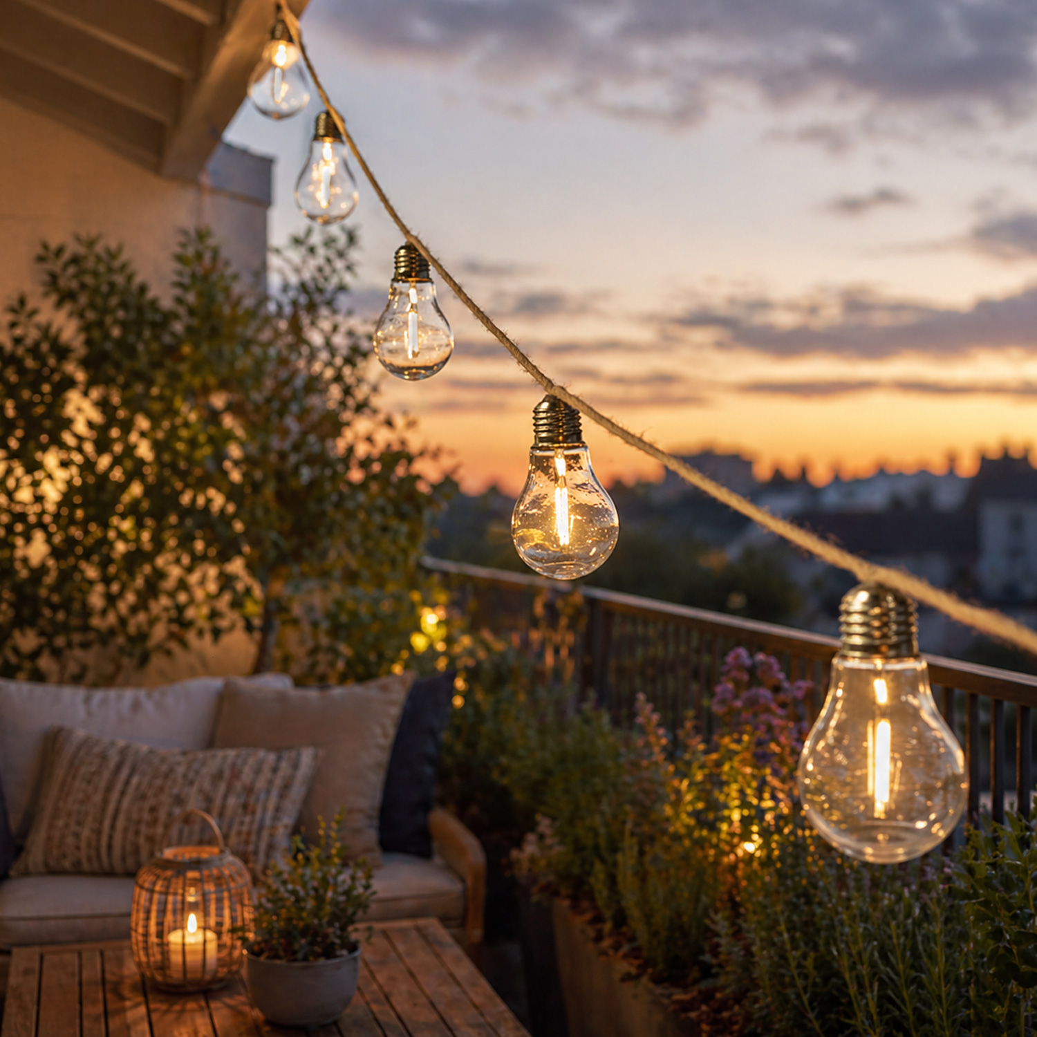 LED Lichterkette 10 Glühbirnen an Juteseil - L: 4,5m - koppelbar bis 30 Lichter - Timer - für Außen