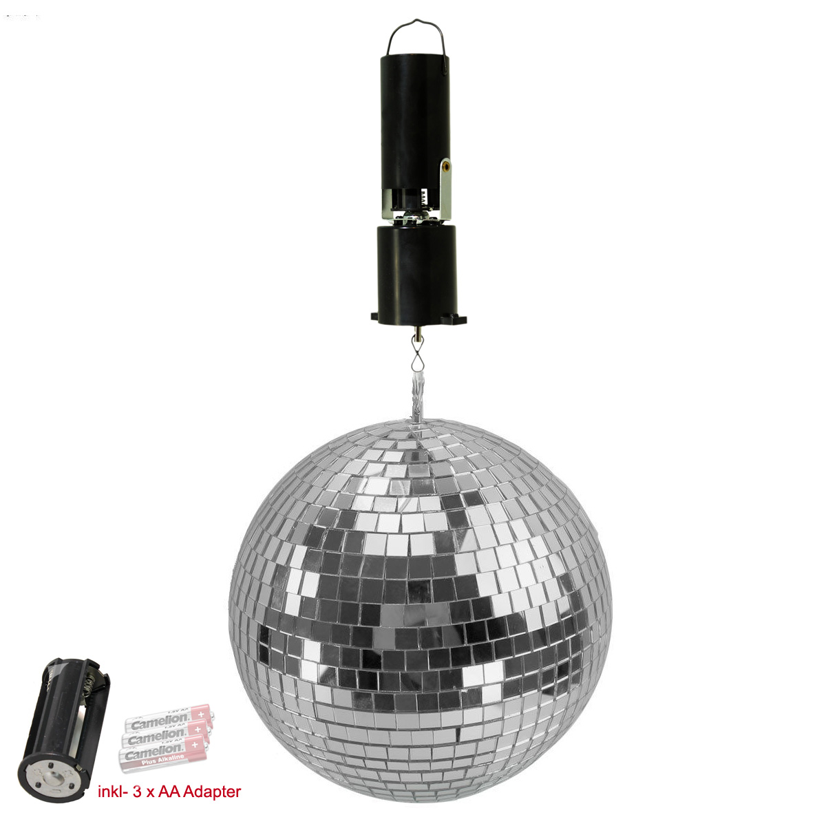Spiegelkugel Set 20cm mit Batteriemotor – Diskokugel Party Set – Echtglas - NEU: inkl 3 xAA Adapter Spiegelkugel Set 20cm mit Batteriemotor – Diskokugel Party Set – Echtglas - NEU: inkl 3 xAA Adapter