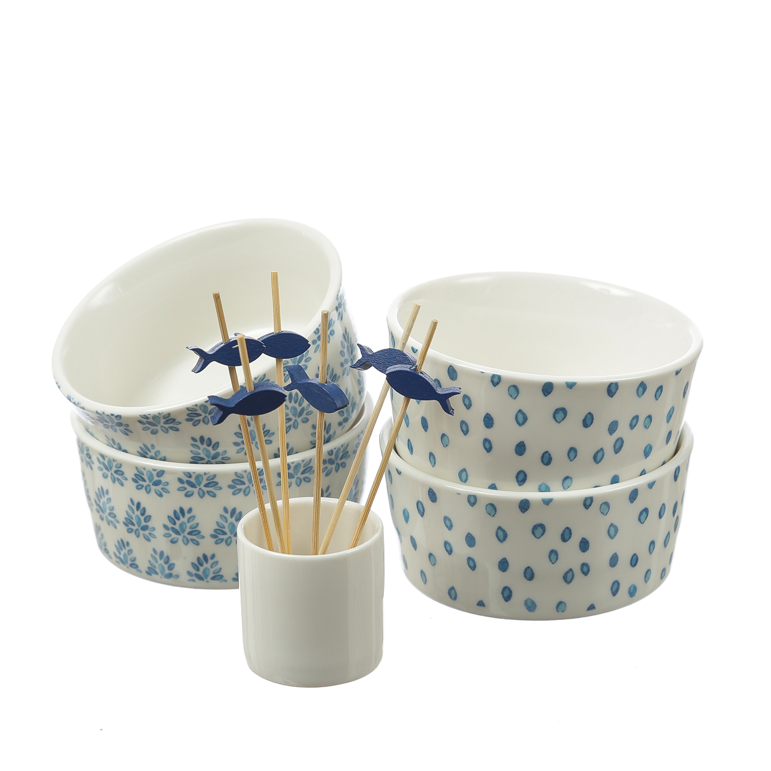 Tapas Set - Servierset - Holzbrett mit 4 Schalen - L: 40cm - Porzellan - weiß, blau